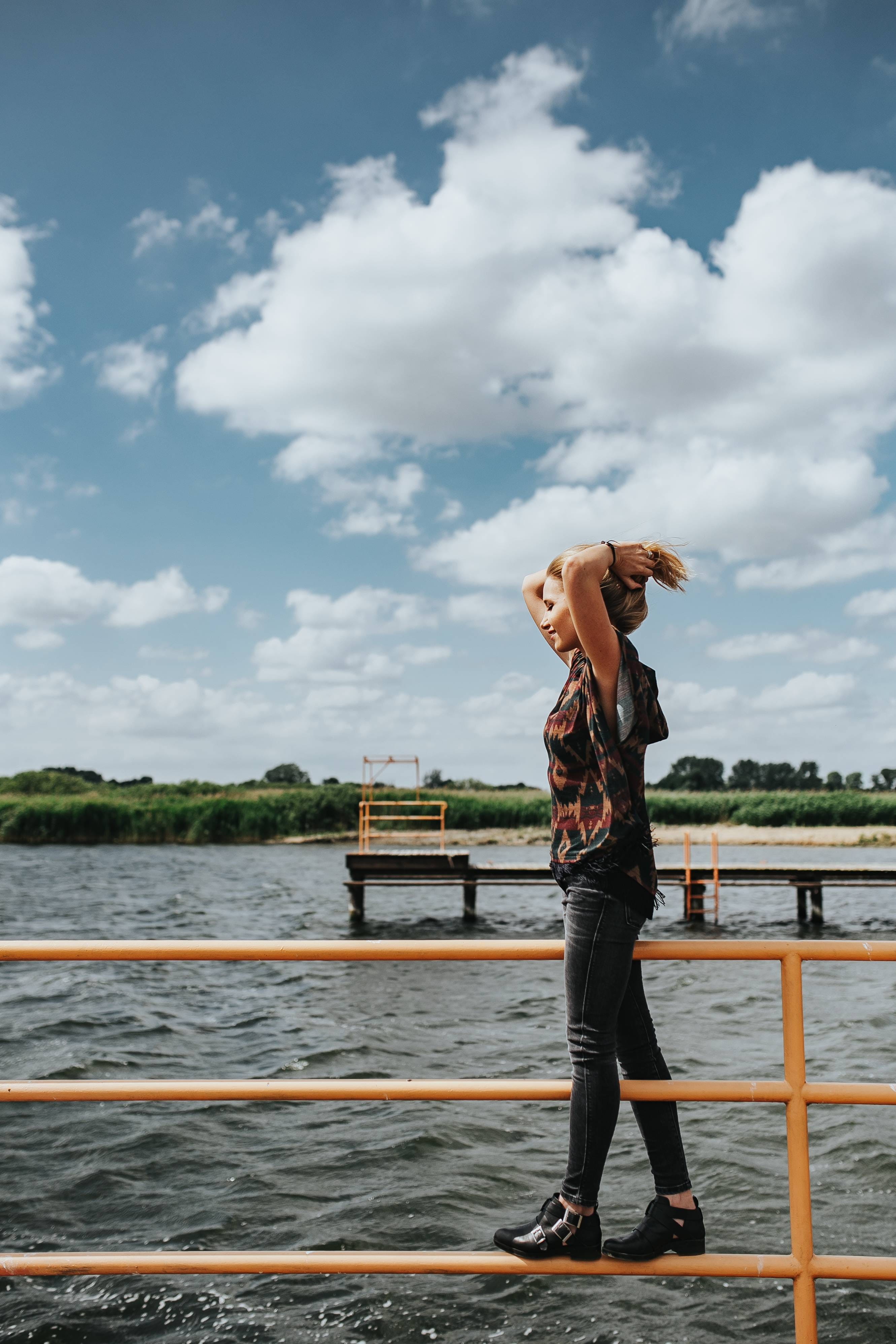 pier, lake, full length, summer, pretty, wooden, real people, woman, female, wood, lifestyles, water, transportation, jetty, young, blonde, nature, cloud - sky, Phone HD Wallpaper