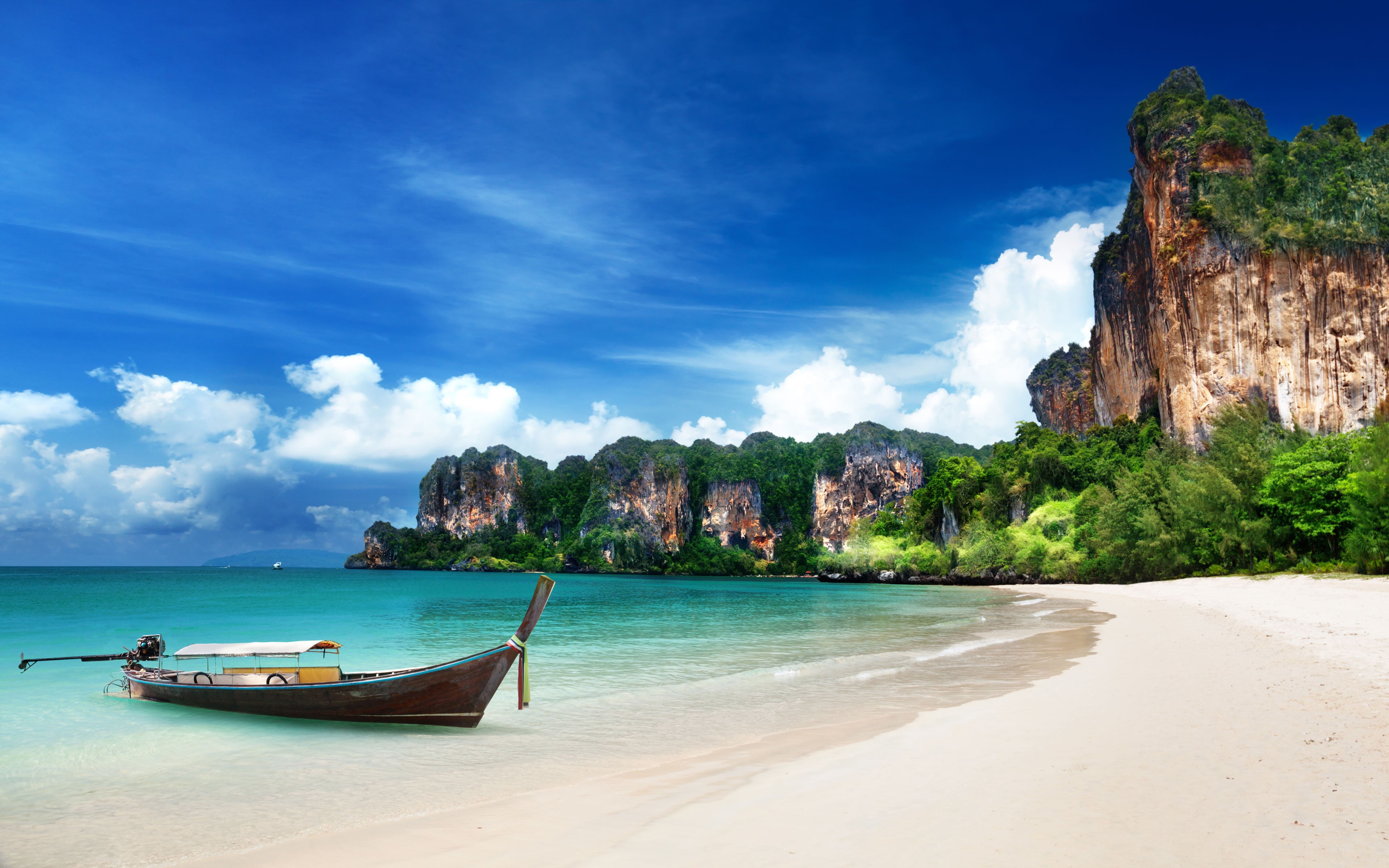 island, sky, desktop, land, scenics - nature, hd, non-urban scene, exotic, outdoors, water, coast, longtail boat, day, rocks, beauty in nature, HD Wallpaper