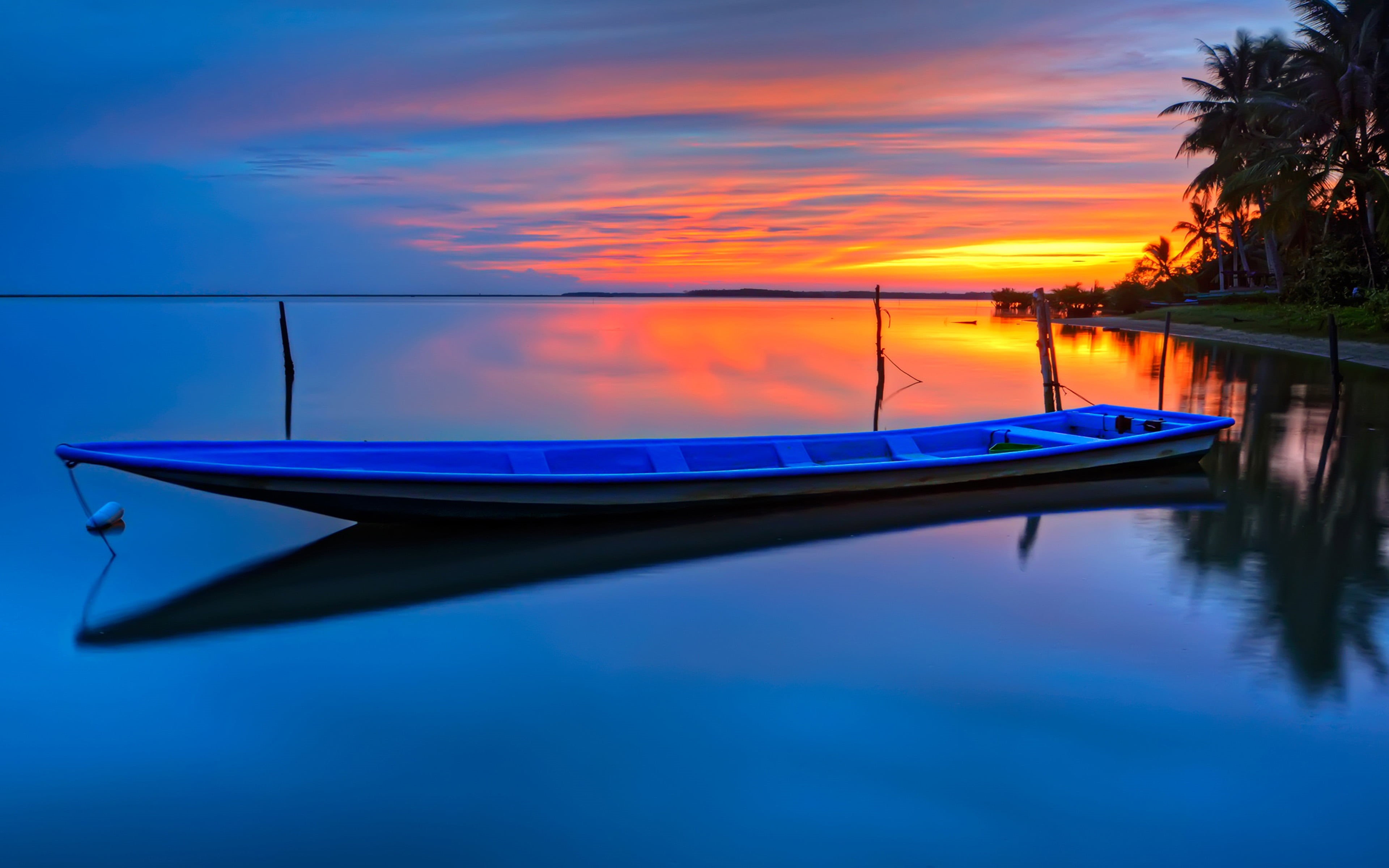 water, boat, fishing boat, outdoors, reflection, tranquil scene, trees, sky, transportation, palms, nautical vessel, hd, mode of transportation, HD Wallpaper