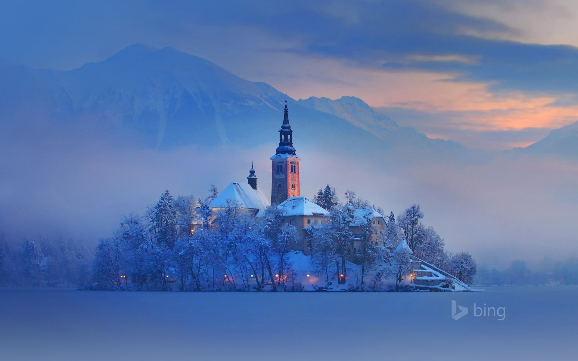 plant, spirituality, building exterior, architecture, bing, winter, slovenia, built structure, lake, sky, desktop, 1080P, cold temperature, mountain, bled, HD Wallpaper