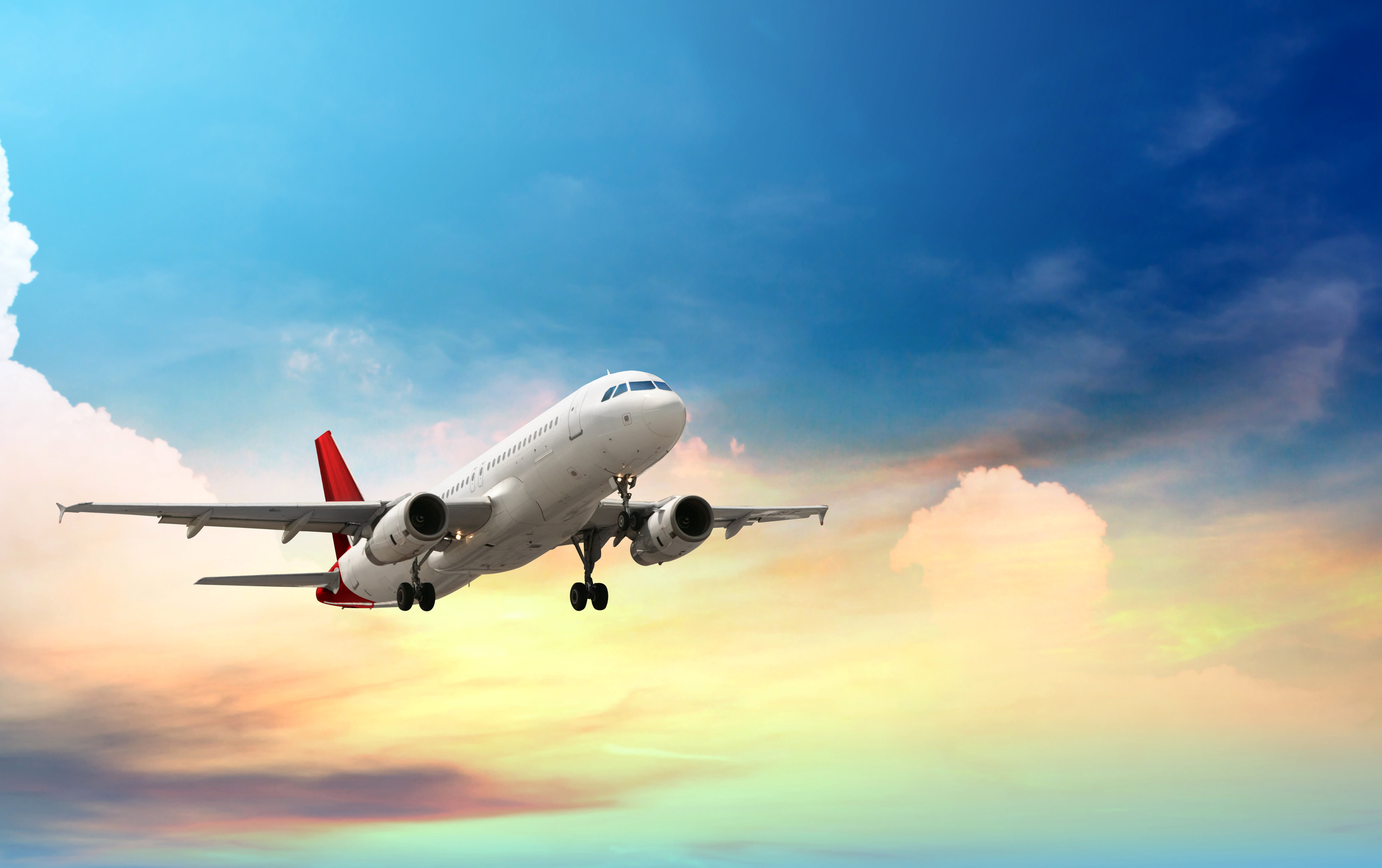 the plane, airliner, the sky, air Vehicle, red, no people, cloudscape, blue, above, business, aircraft Wing, technology, mode of transportation, outdoors, HD Wallpaper