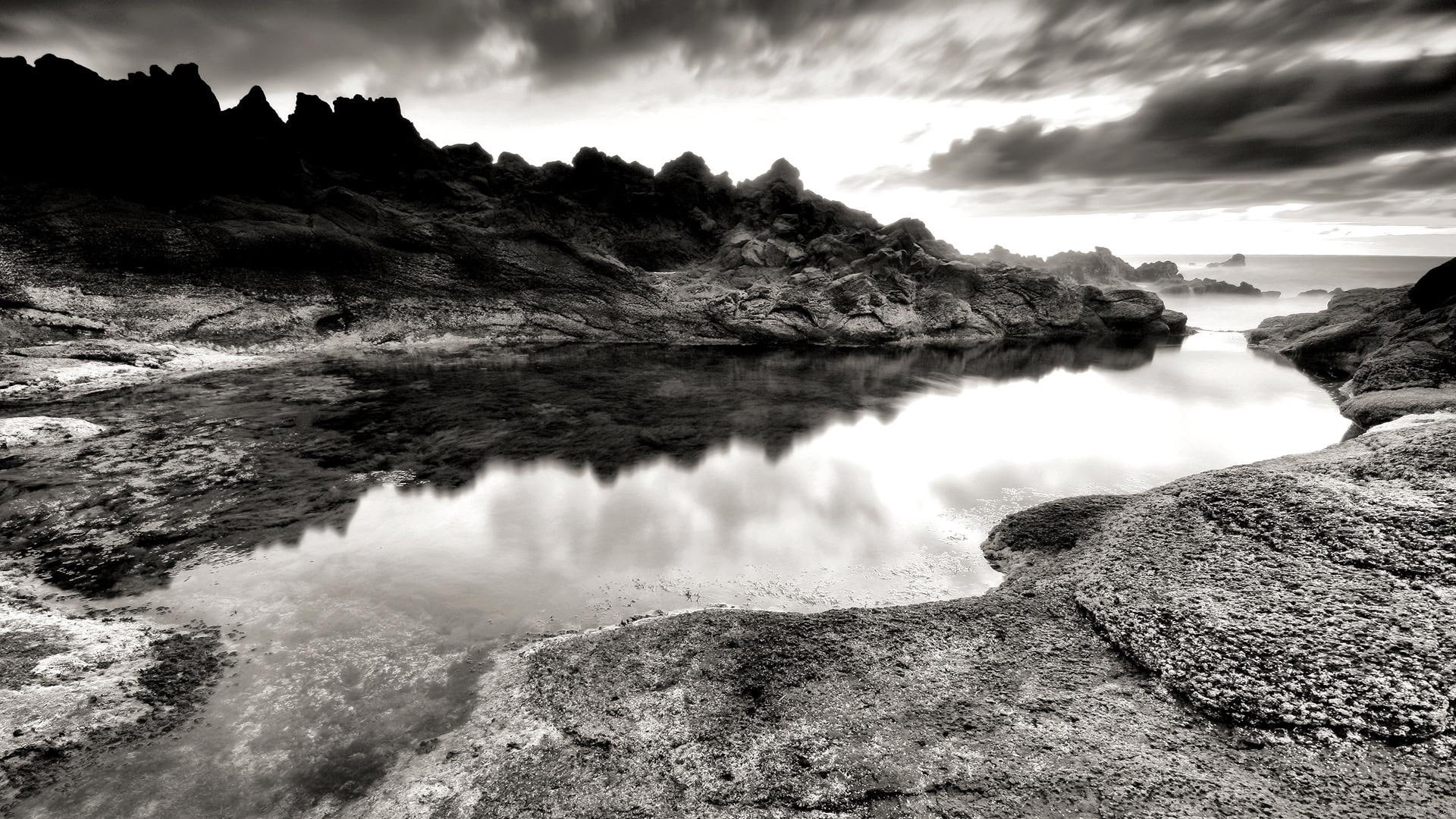 1080P, photography, cloud, landscape, scale, gray, mountain, roc, black, river, white, HD Wallpaper