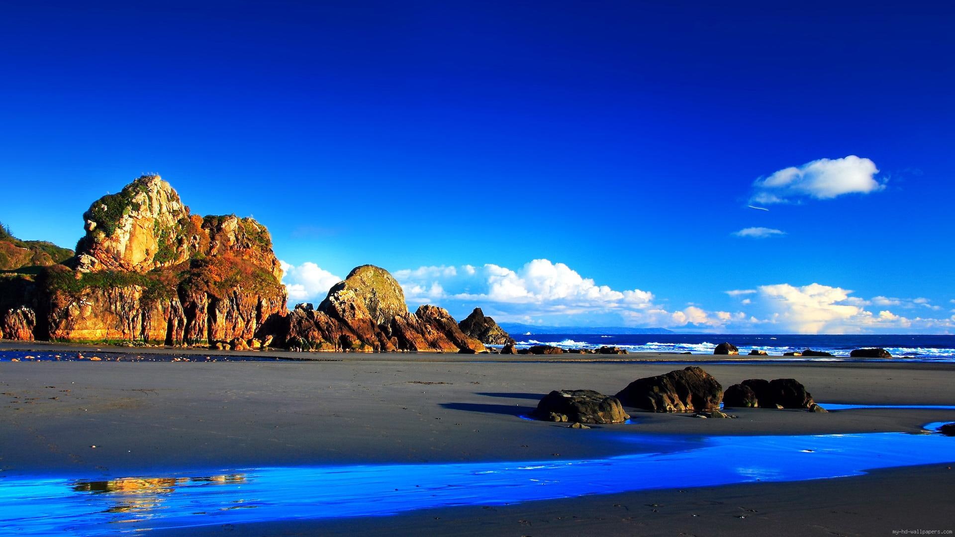 seafront, landscape, roc, sea, sand, mountain, brown, 1080P, colors, beautiful, HD Wallpaper