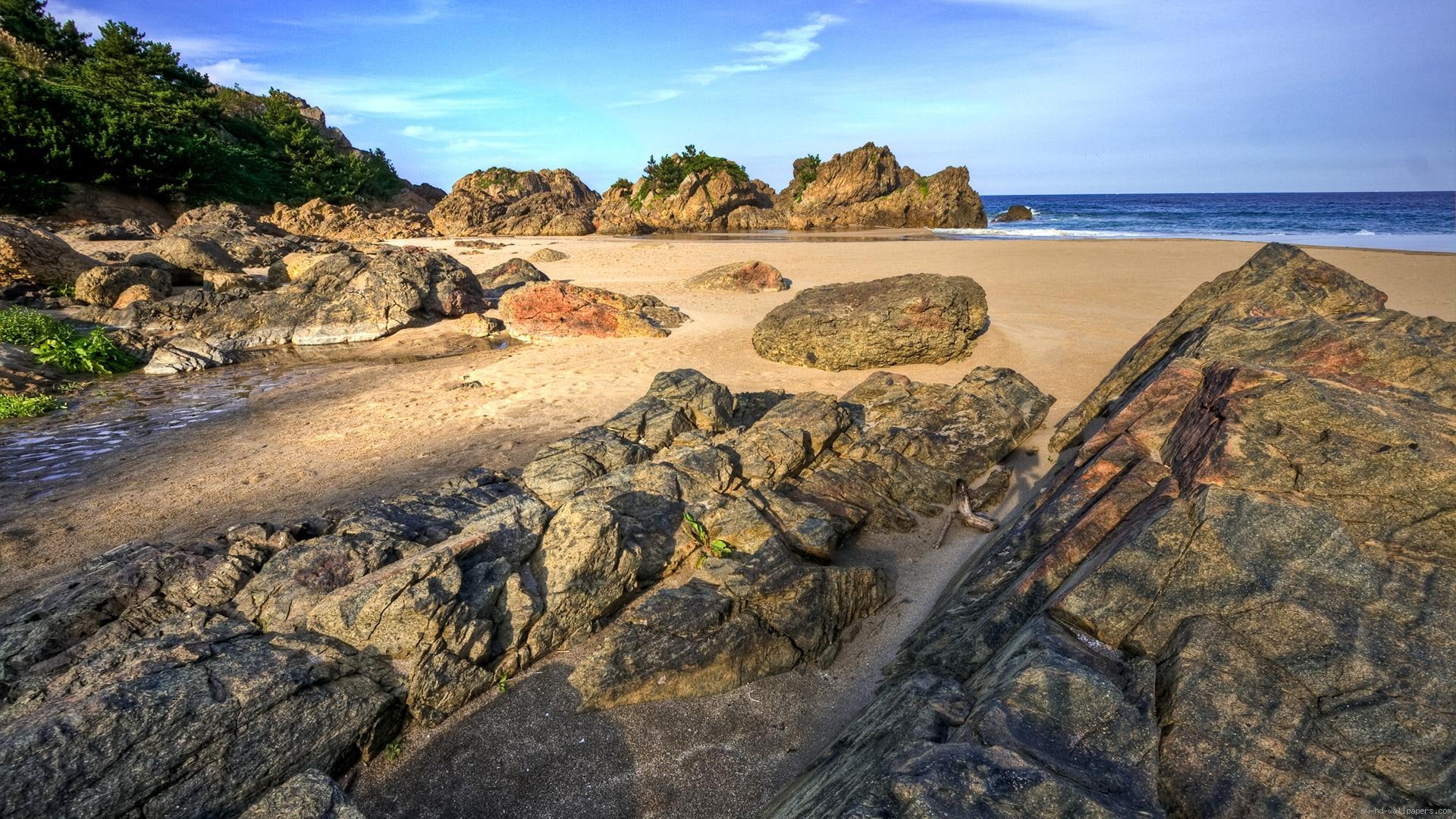 sea, roc, sand, daylight, landscape, beach, rocks, 1080P, HD Wallpaper