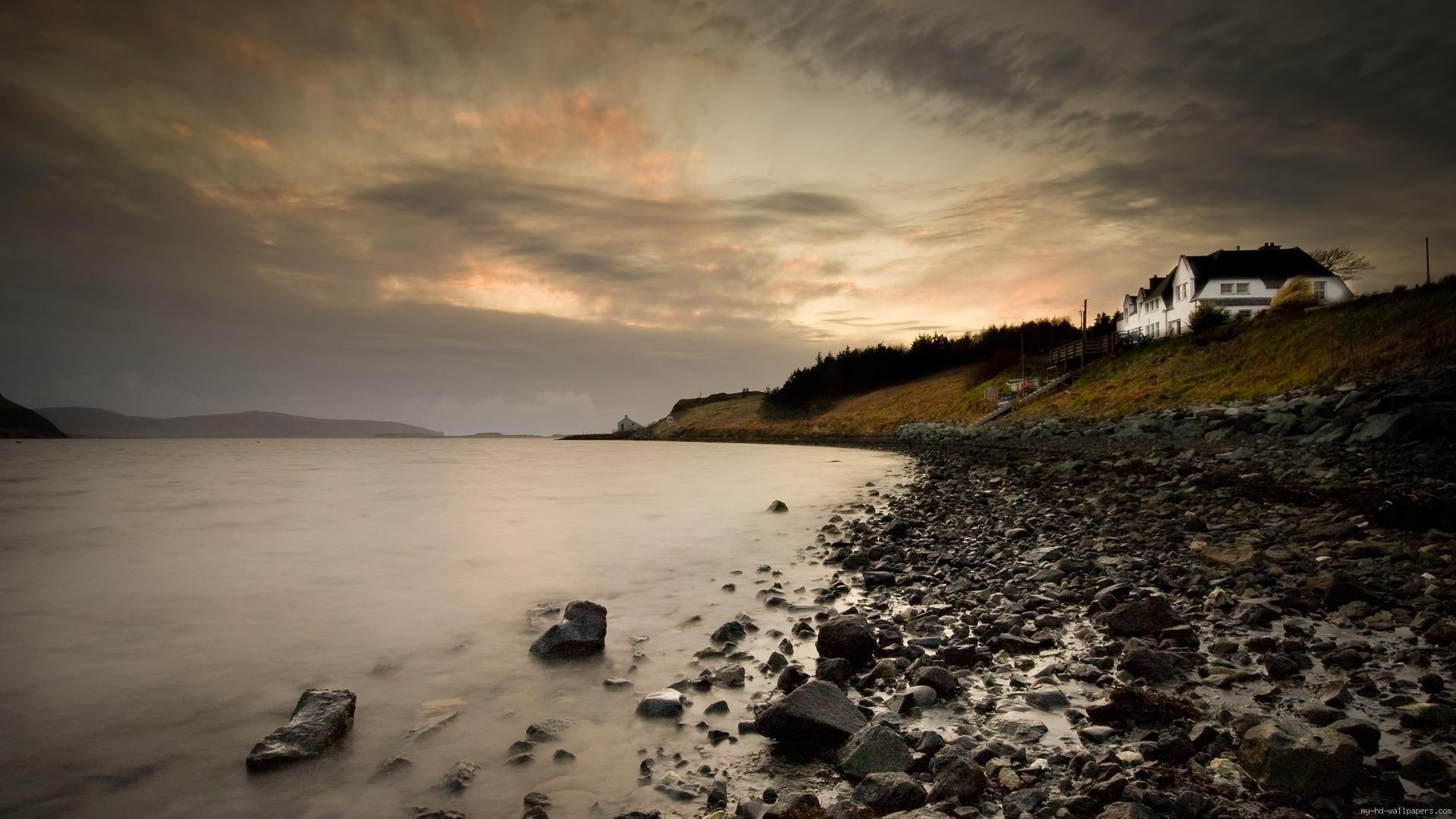 house, landscape, beach, seas, concrete, beside, cloud, cloudy, hill, white, sky, roc, 1080P, sea, HD Wallpaper