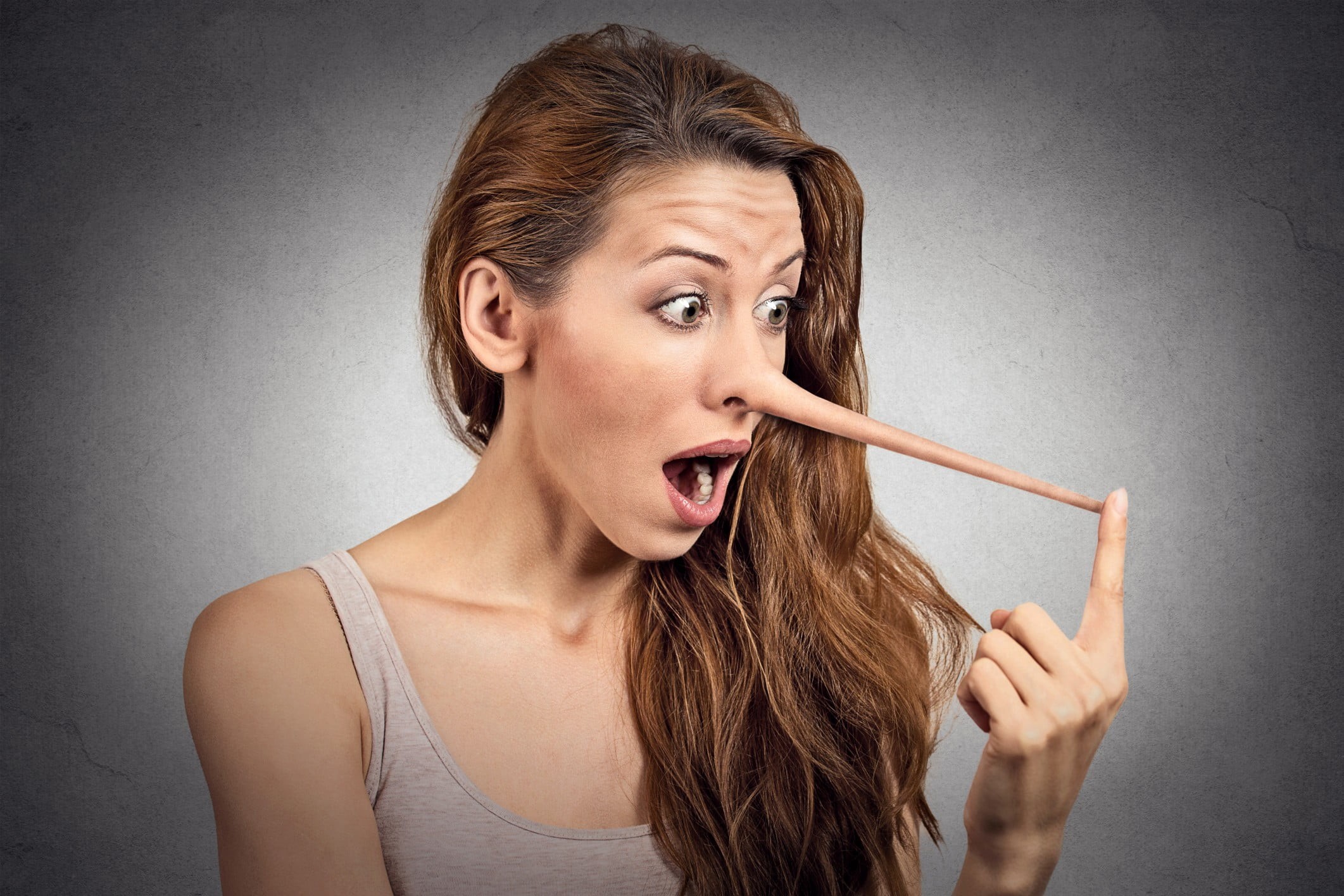 one person, hairstyle, young women, long hair, mouth open, open mouth, adult, headshot, hair, 1080P, gray, brunette, gray background, Pinocchio, lie, mouth, HD Wallpaper