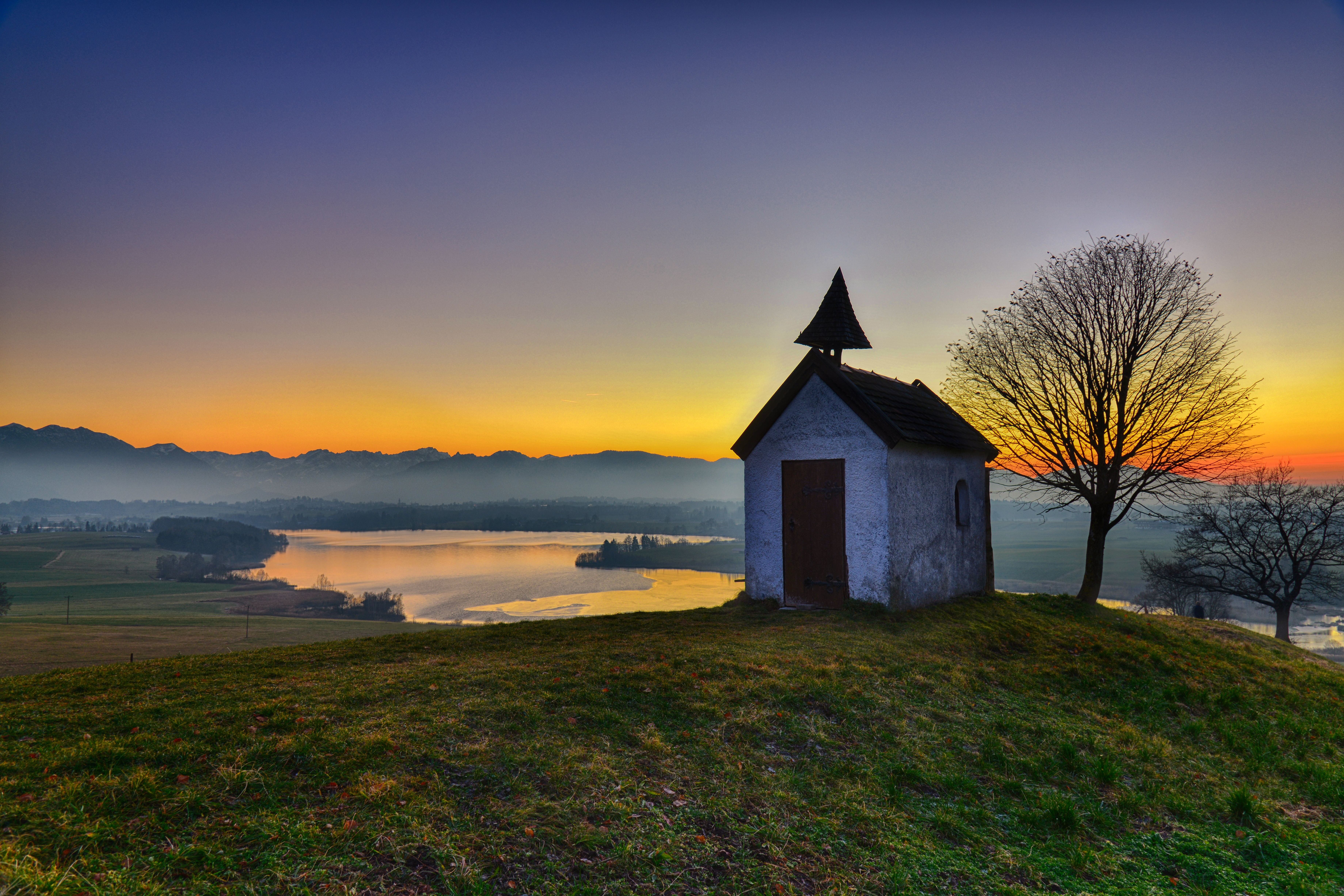 Kirche, Outdoor, Herbst, alps, orange, nature, sunset, Dunst, Kapelle, scenery, evening, Riegsee, house, chapel, landscape, Murnau, photo, shed, colours, HD Wallpaper