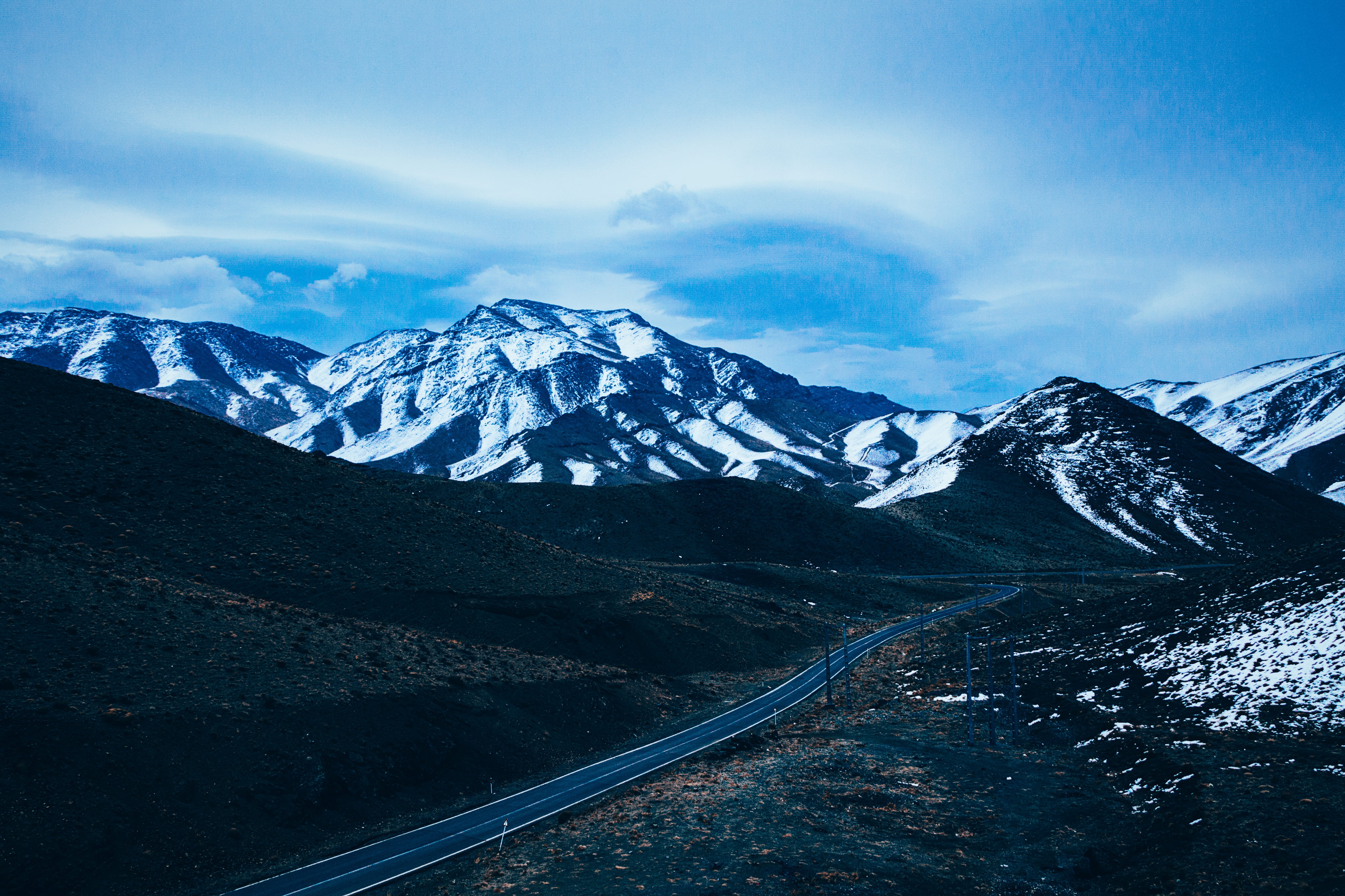 asphalt, tranquil scene, mountain range, iran, winter, peak, outdoors, mountain peak, non-urban scene, qom, dirt road, snowcapped mountain, gravel, ice, HD Wallpaper
