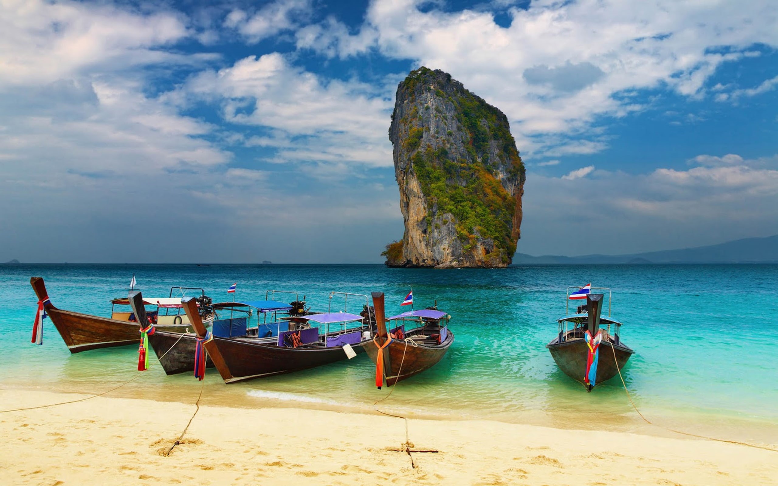 thailand, andaman, tropical, beach, boats, longtail, traditional, sea, 2K, HD Wallpaper
