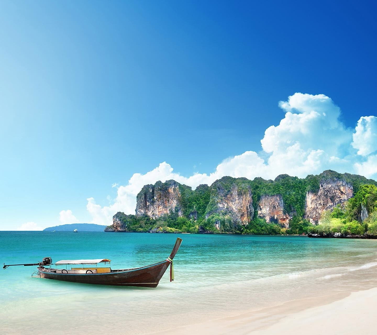 sky, longtail boat, turquoise colored, mode of transportation, outdoors, blue, water, beauty in nature, transportation, anchored, boat, tranquil scene, HD Wallpaper