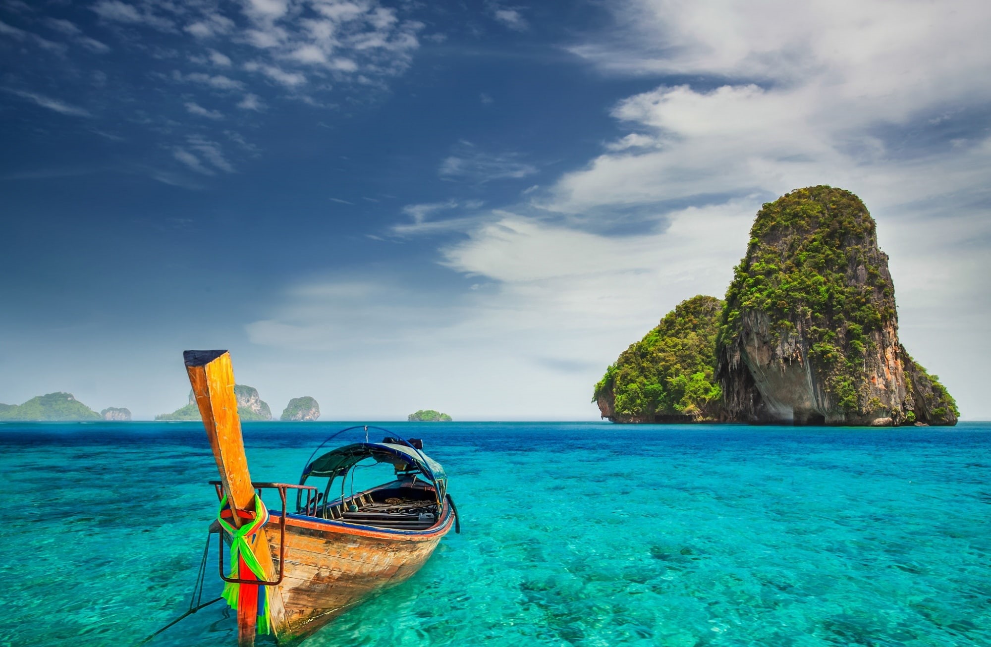 horizon over water, sea, nautical vessel, World, tranquility, Ocean, Nature, Travel, Exotic, longtail boat, 1080P, transportation, brown, Water, beach, HD Wallpaper