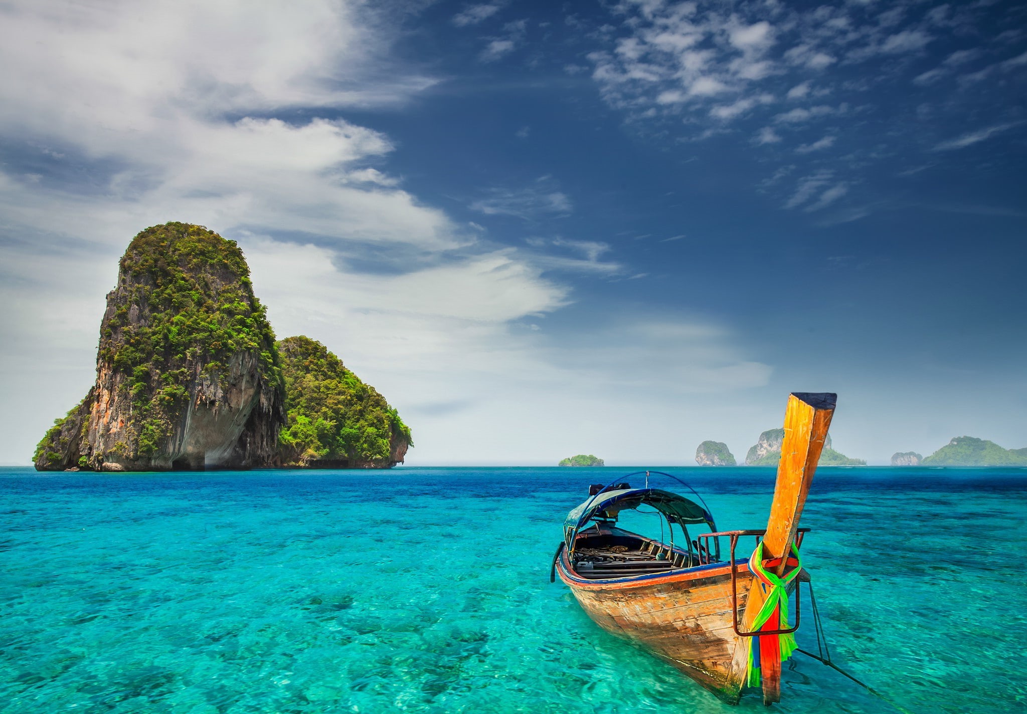 rock, turquoise colored, clouds, 1080P, beauty in nature, Halong Bay, landscape, sky, outdoors, sea, idyllic, day, island, tranquil scene, water, Railay Beach, HD Wallpaper