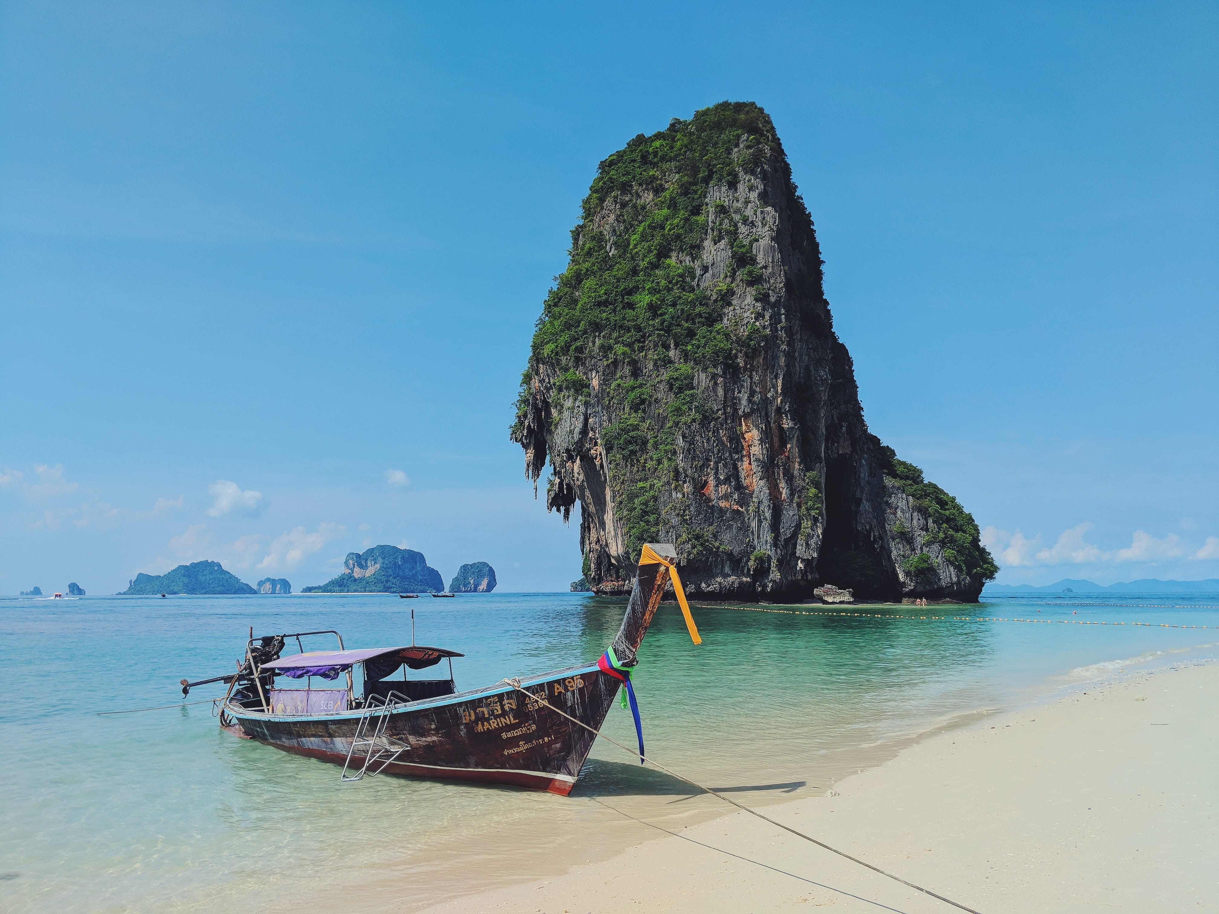 scenics - nature, mode of transportation, phiphi, land, krabi, tranquility, nature, thailand, travel, sea, day, moored, boat, nautical vessel, non-urban scene, HD Wallpaper