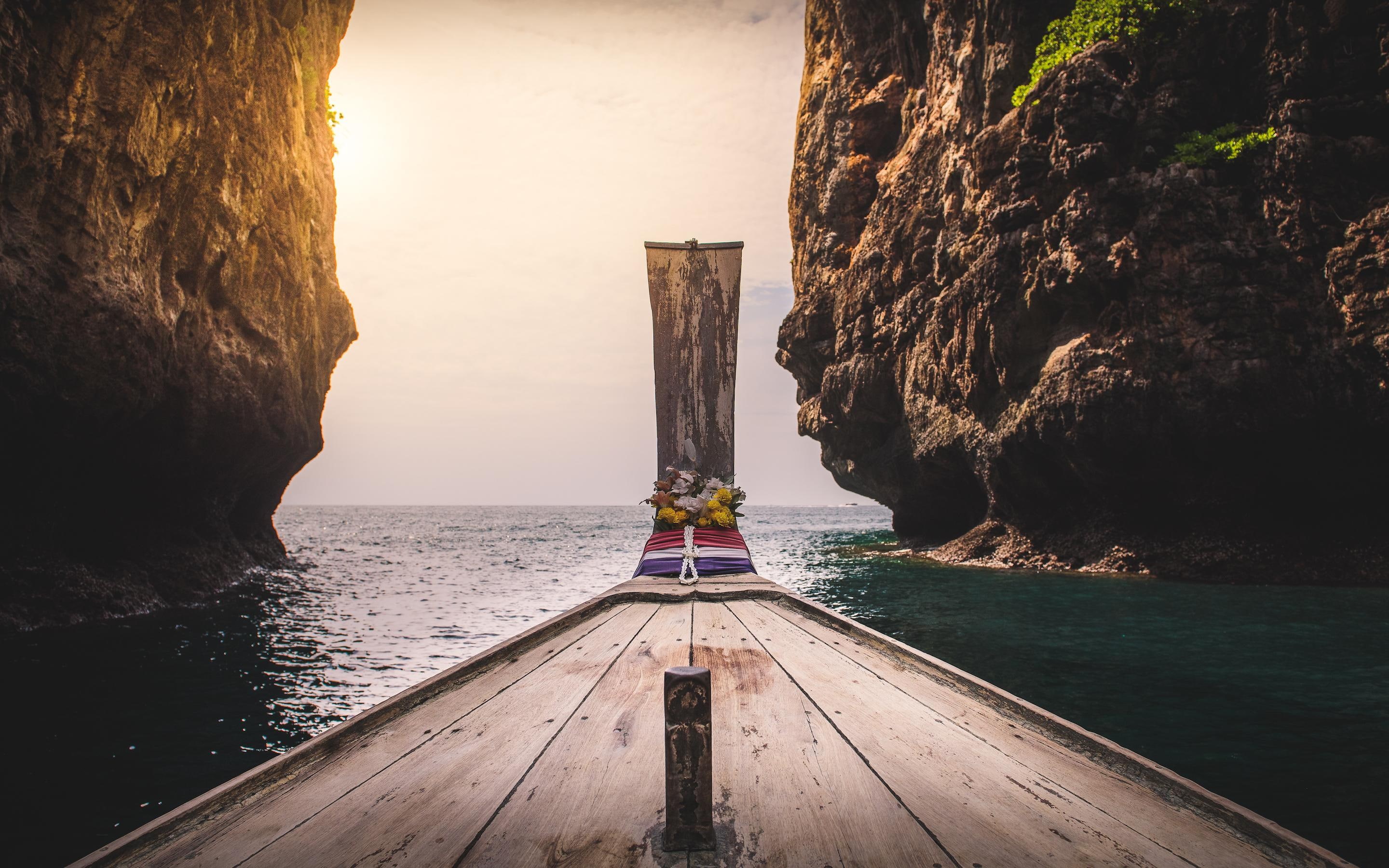 nautical vessel, formation, rock - object, nature, no people, sail, scenics - nature, beauty in nature, rock, solid, 2K, water, sea, sky, mode of transportation, HD Wallpaper