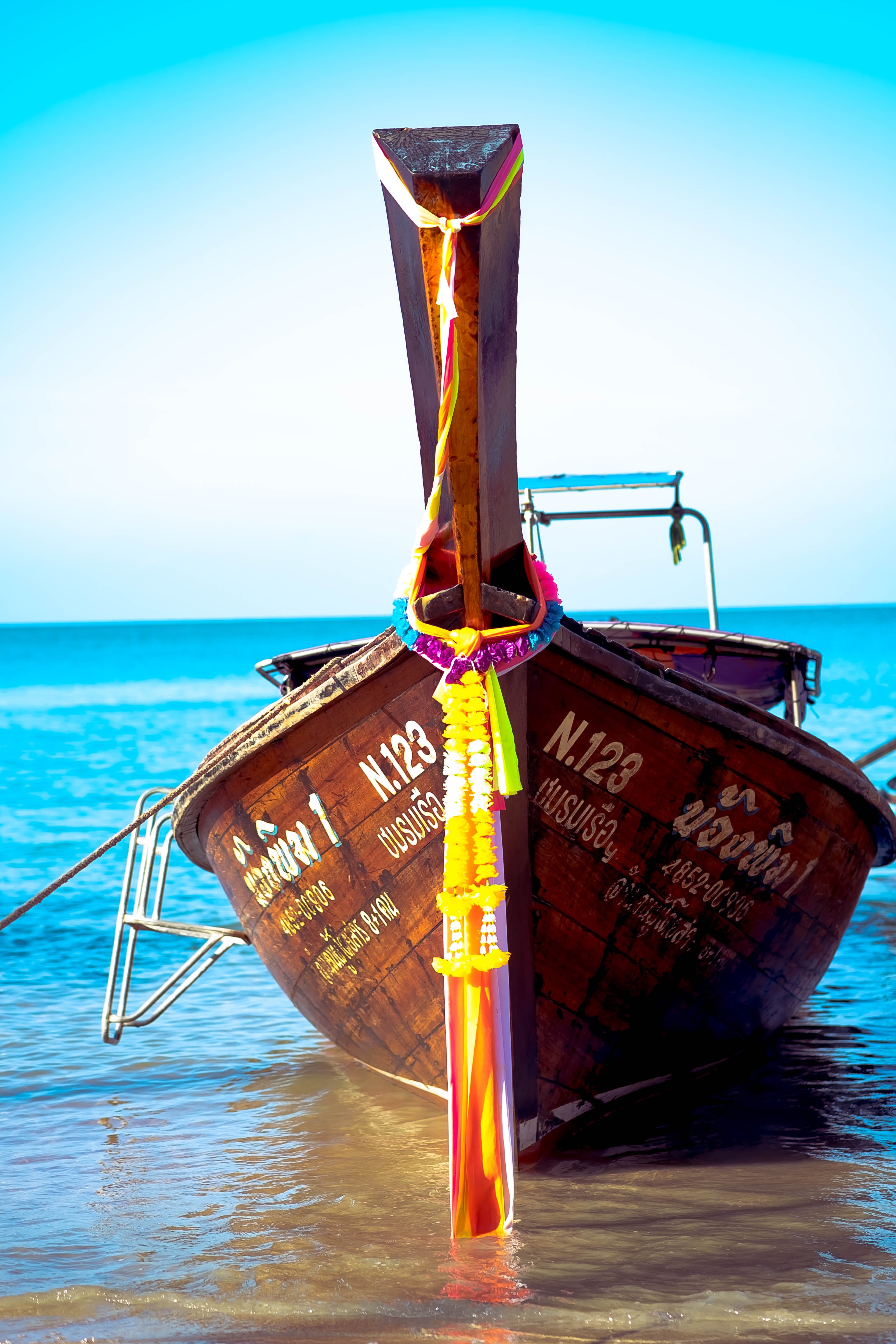focus on foreground, sea, container, day, nautical vessel, motion, water, thailand, no people, railay beach, sky, travel, text, land, beach, mode of transportation, Phone HD Wallpaper