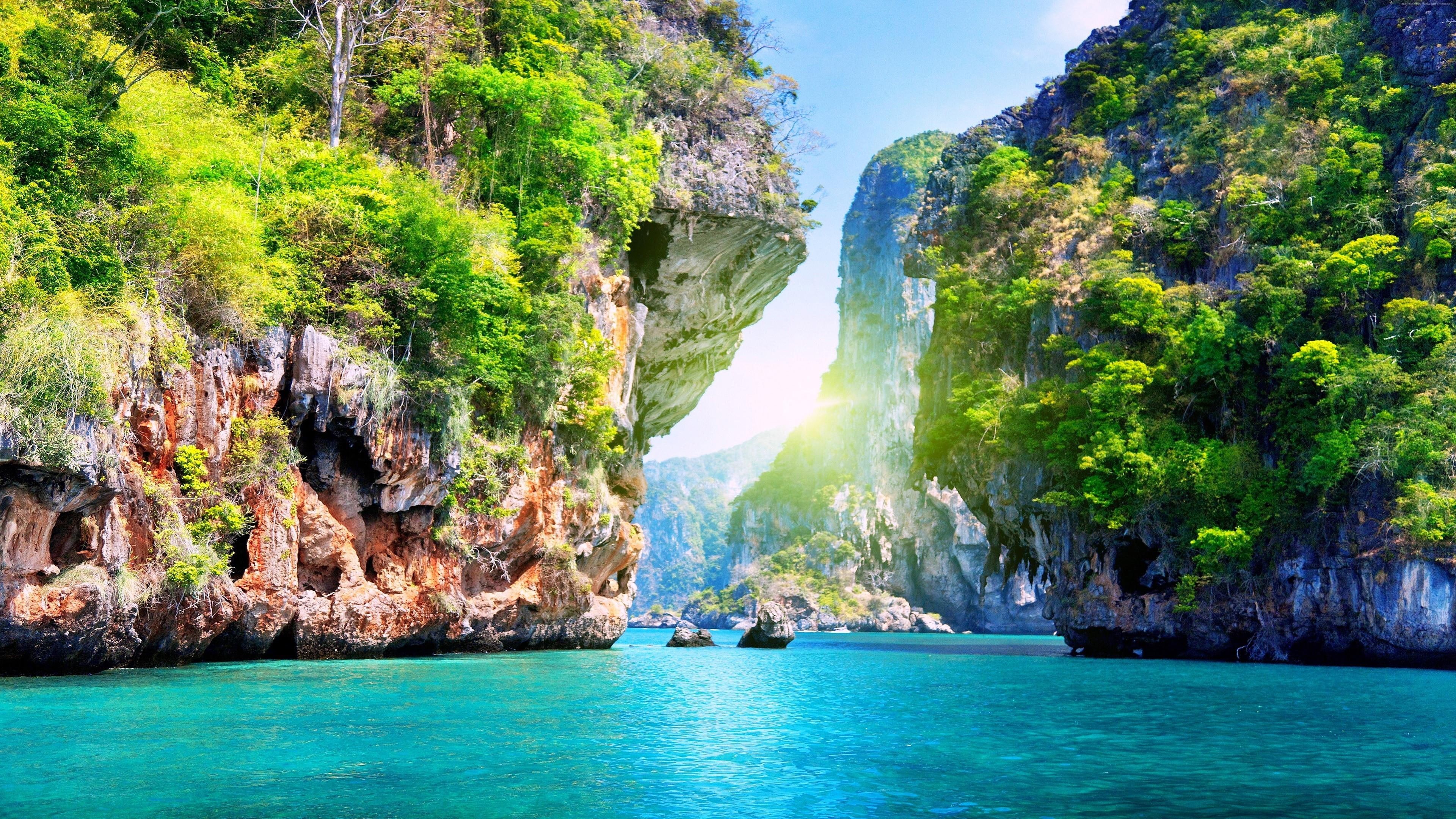 beach, trees, 4K, travel, nature, ocean, thailand, exotic, formation, mountains, vacation, summer, water, waterfall, cliff, tourism, krabi, tourist attraction, HD Wallpaper