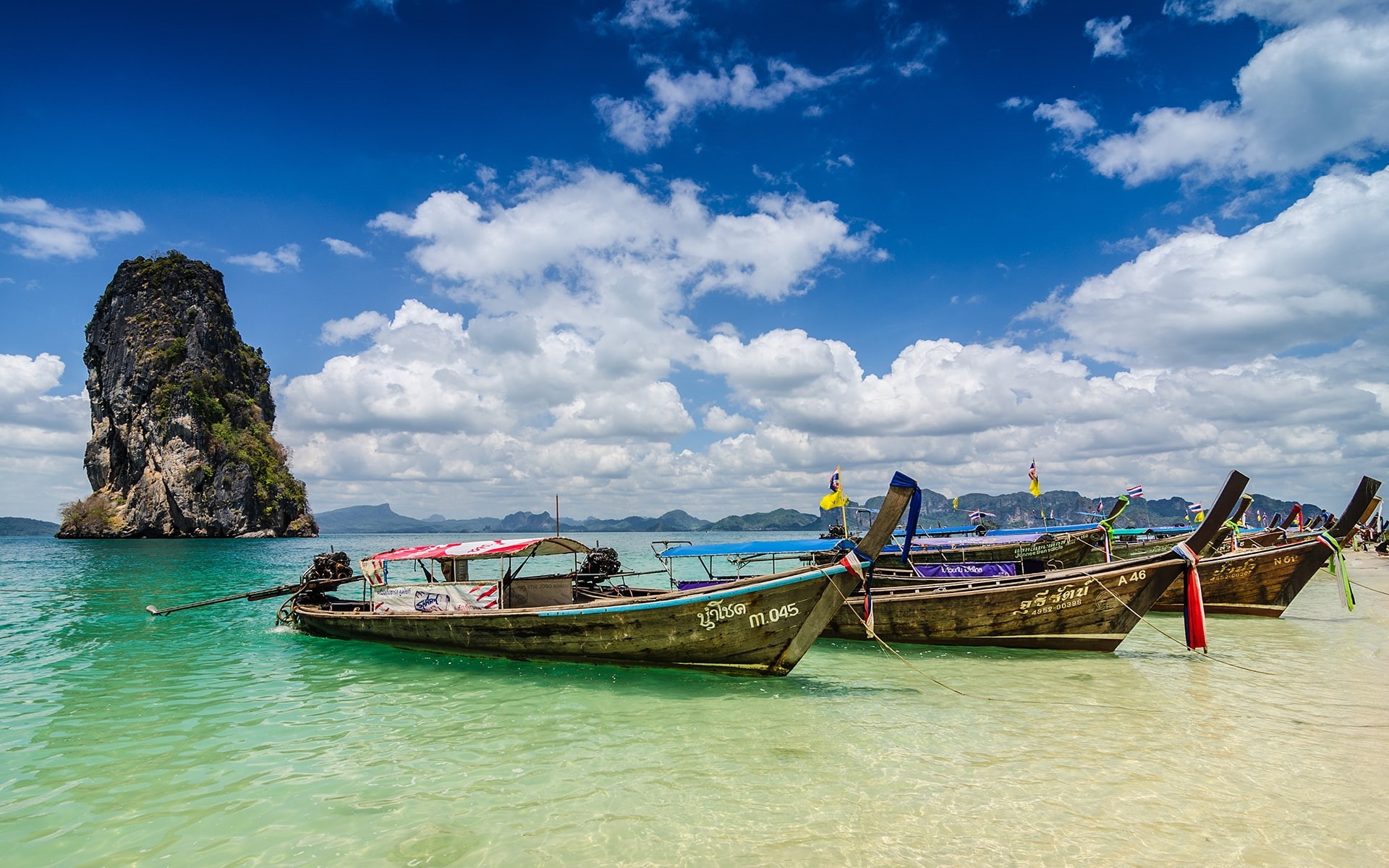 wooden, 1080P, boats, three, paradise, landscape, Thailand, krabi, HD Wallpaper