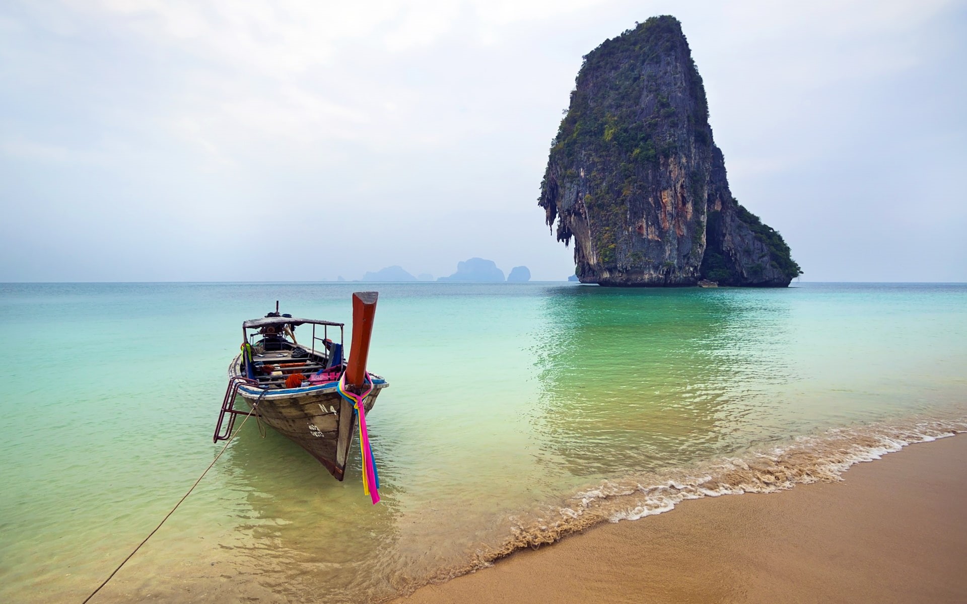green, boat, krabi, beach, rock, phra, sandy, nang, desktop, 1080P, ocean, water, sea, turquoise, HD Wallpaper
