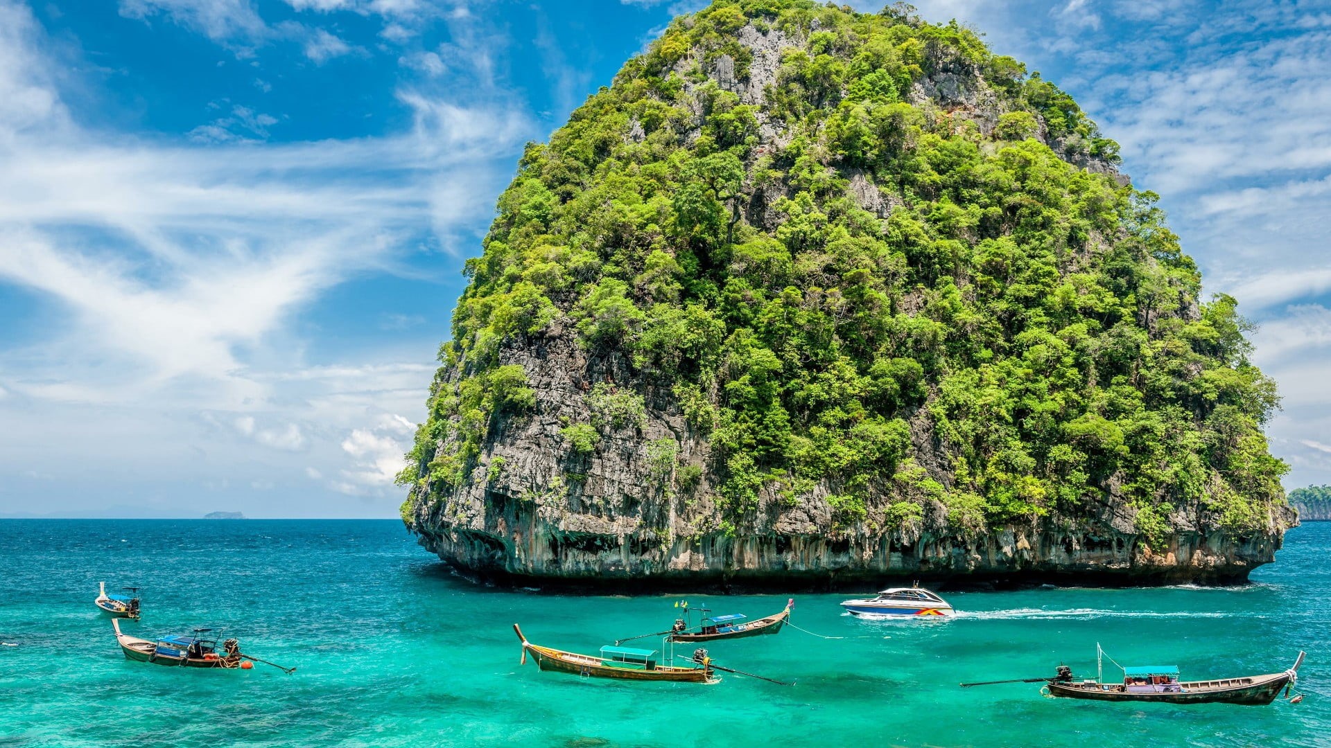 unhabited, beauty in nature, water, tropics, tranquility, travel, ocean, mode of transportation, thailand, tourism, plant, 1080P, turquoise colored, andaman sea, HD Wallpaper