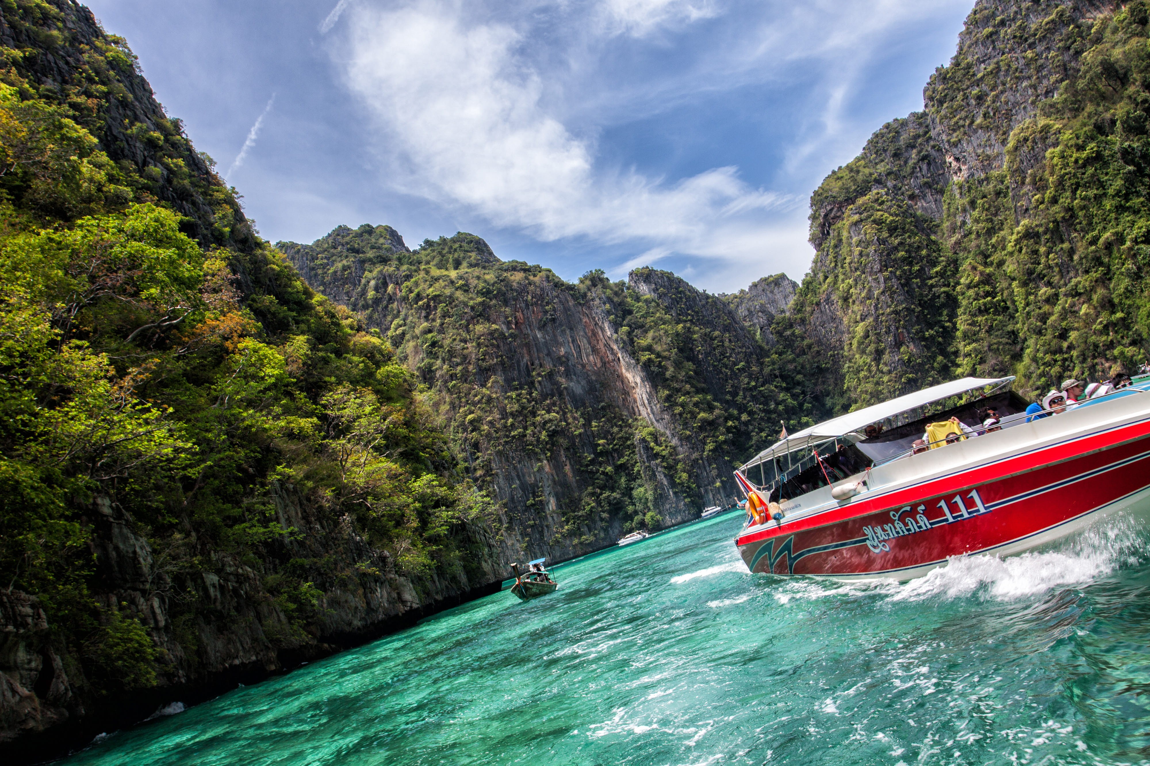 scenics, non-urban scene, Wide-angle, various, tourism, Thailand, image, 4K, scenics - nature, nature, Phi Phi Islands, land, mountain range, sea, day, HD Wallpaper