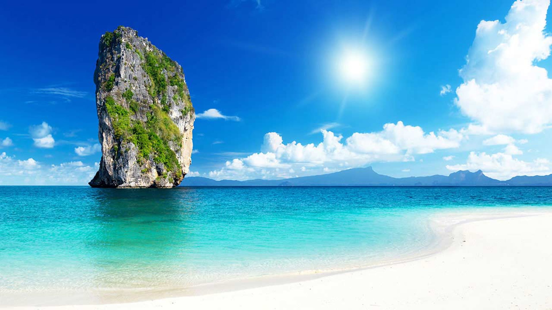  sea, blue, sun, rock, thailand, clouds, krabi, sky, hd, beautiful, 1080P, white, HD Wallpaper