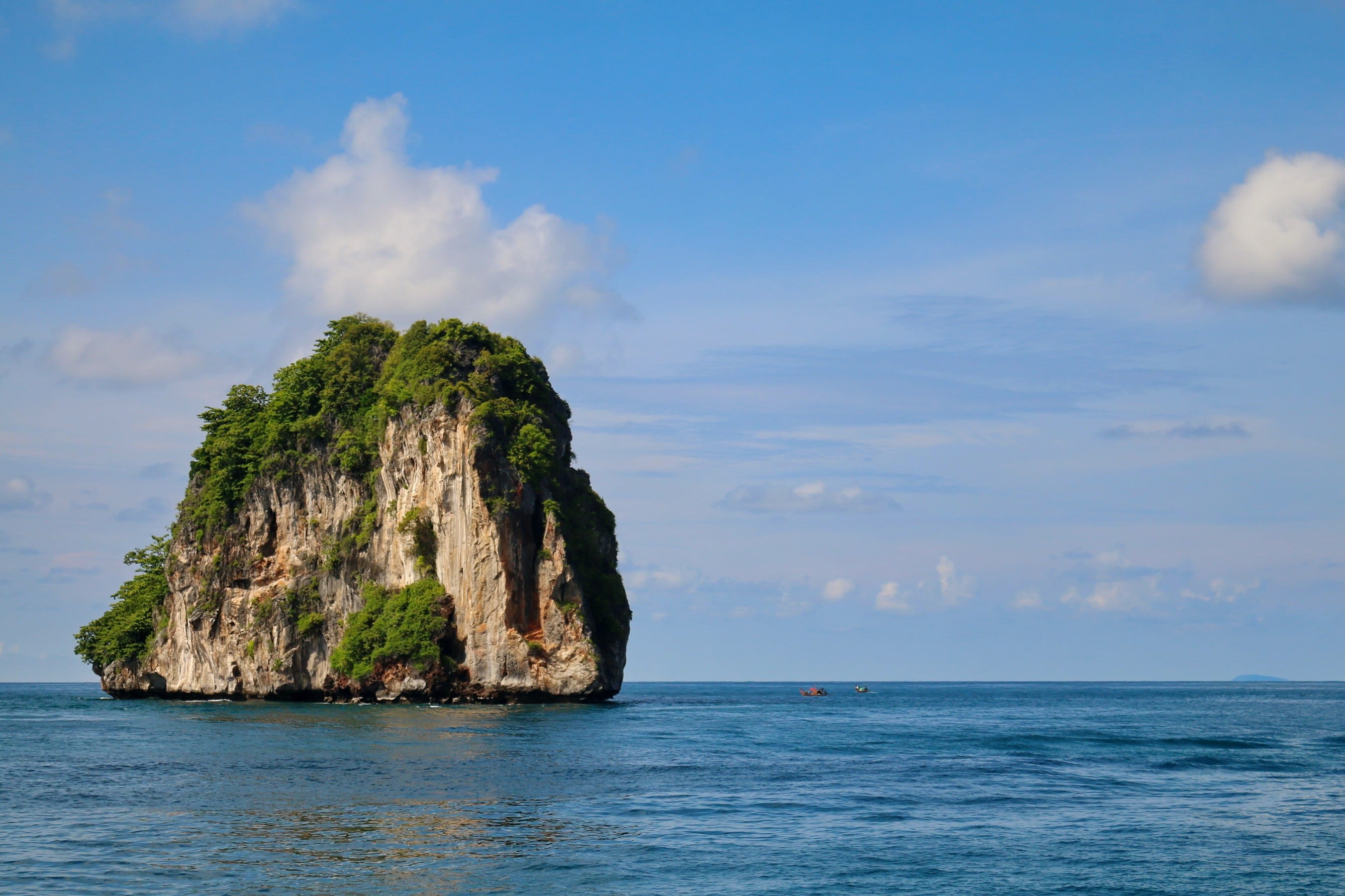 land, cloud - sky, tranquility, no people, phi phi islands, outdoors, blue, aonangtravel, horizon over water, idyllic, tranquil scene, water, rock, 2K, HD Wallpaper