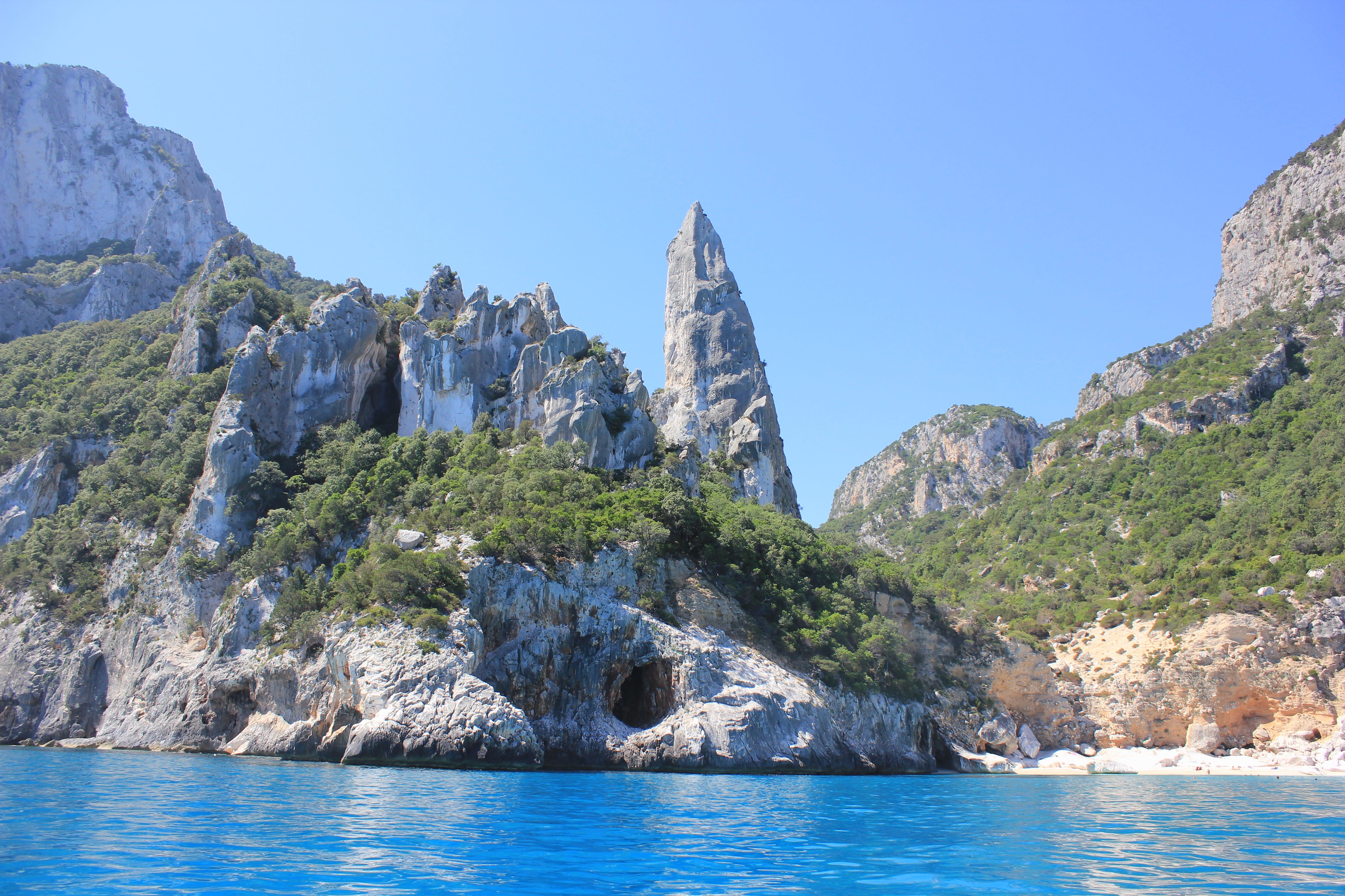 nature, paradise, summer, bay, scenics - nature, clear sky, beauty in nature, mediterranean, rock formation, boat, blue, romantic, tranquil scene, sardinia, HD Wallpaper