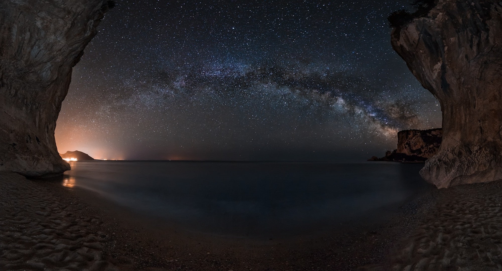 sky, Sardinia, cave, sand, starry night, sea, lights, beach, landscape, galaxy, Milky Way, nature, 1080P, long exposure, HD Wallpaper