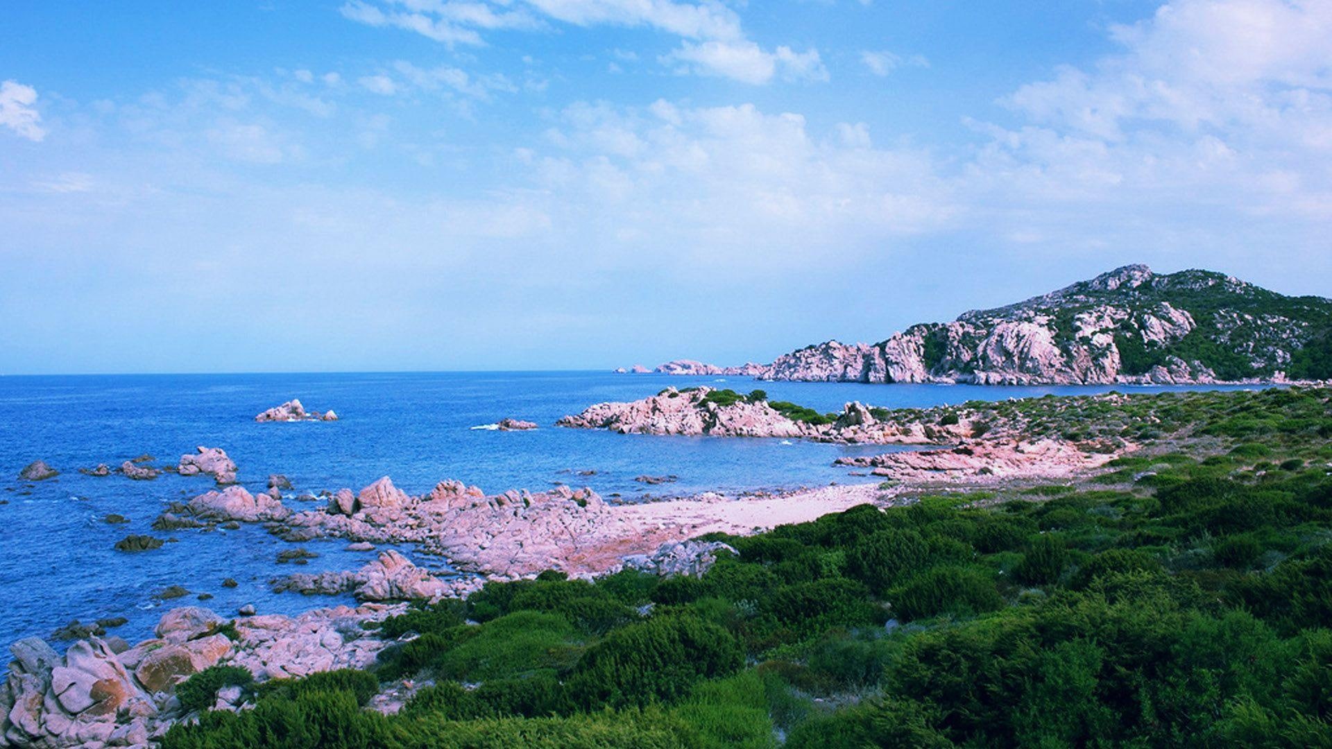sardinia, shore, grass, 1080P, clouds, rocky, olbia, nature and landscapes, HD Wallpaper