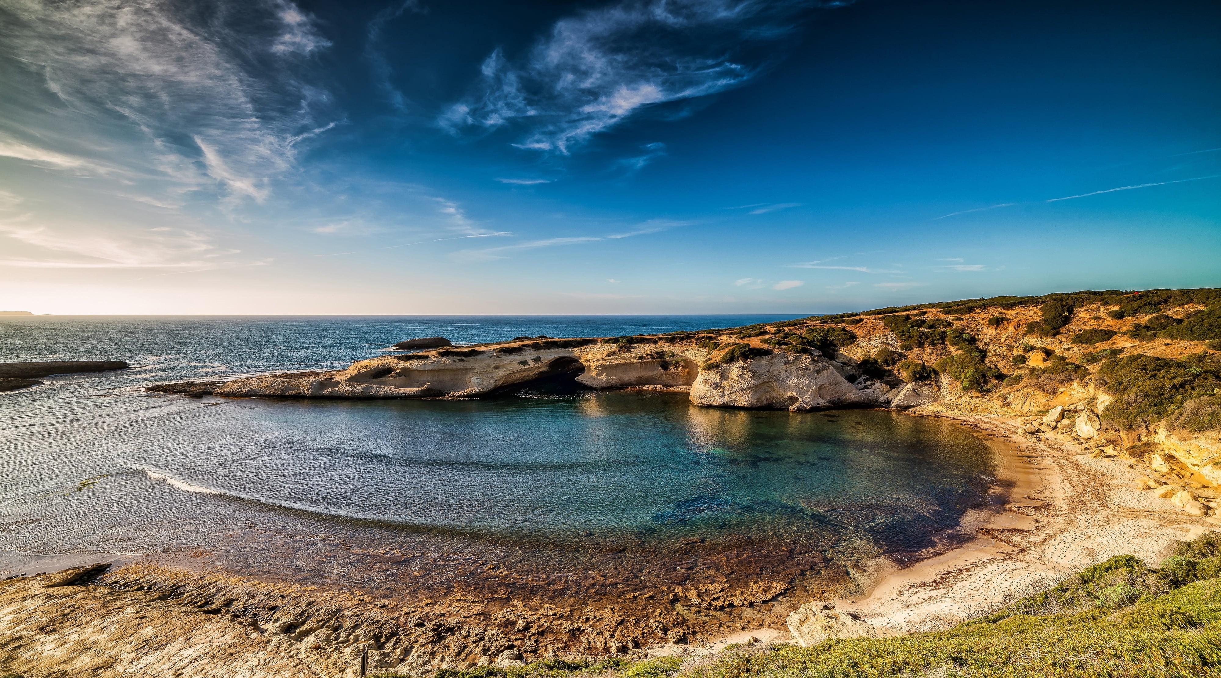 Sunny, horizon, no people, beauty in nature, idyllic, cloud - sky, 4K, tranquil scene, land, solid, brown, water, tranquility, the sky, scenics - nature, HD Wallpaper