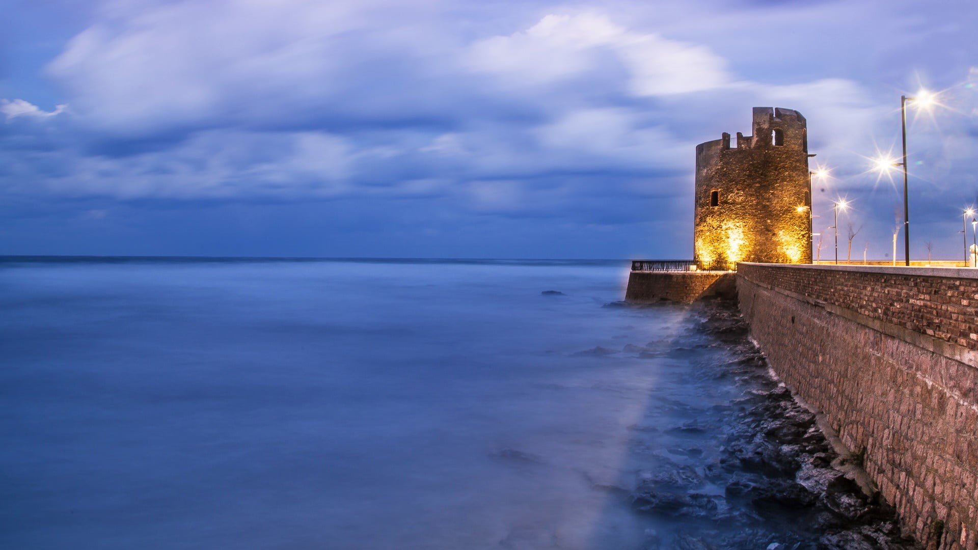 Sardinia, 1080P, sky, Nuoro, tower, Italy, sea, lights, HD Wallpaper
