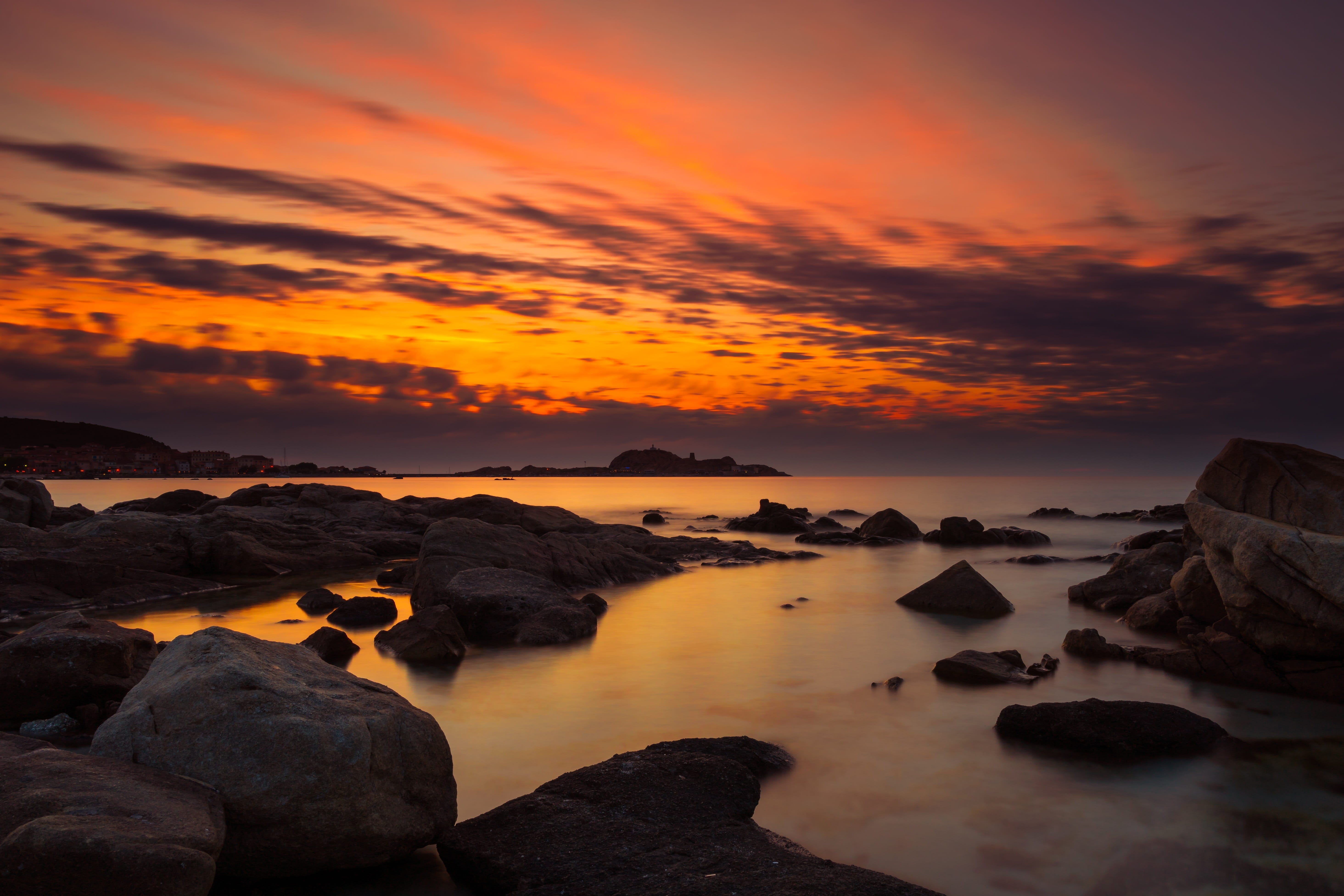land, no people, non-urban scene, beach, screen background, evening, idyllic, water, beauty in nature, sardinia, horizon, tranquility, orange color, landscape, HD Wallpaper