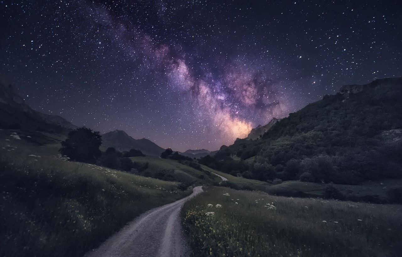 galaxy, tranquil scene, dirt road, green, the way forward, Milky Way, space, tree, shrubs, Spain, wildflowers, scenics - nature, photography, diminishing perspective, HD Wallpaper