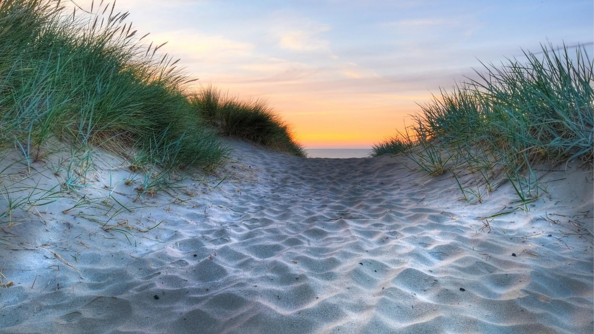 tranquility, sunset, 1080P, white sand, land, marram grass, arid climate, sky, scenics - nature, nature, cloud - sky, sand, dune, shore, plant, non-urban scene, HD Wallpaper