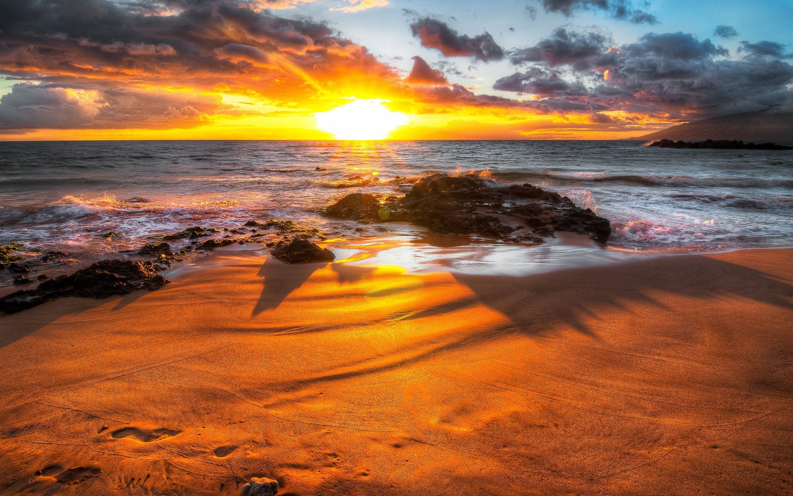 Shadow, Beach, Clouds, 2K, Stones, Waves, Sunrise, Sea, Rocks, HD Wallpaper