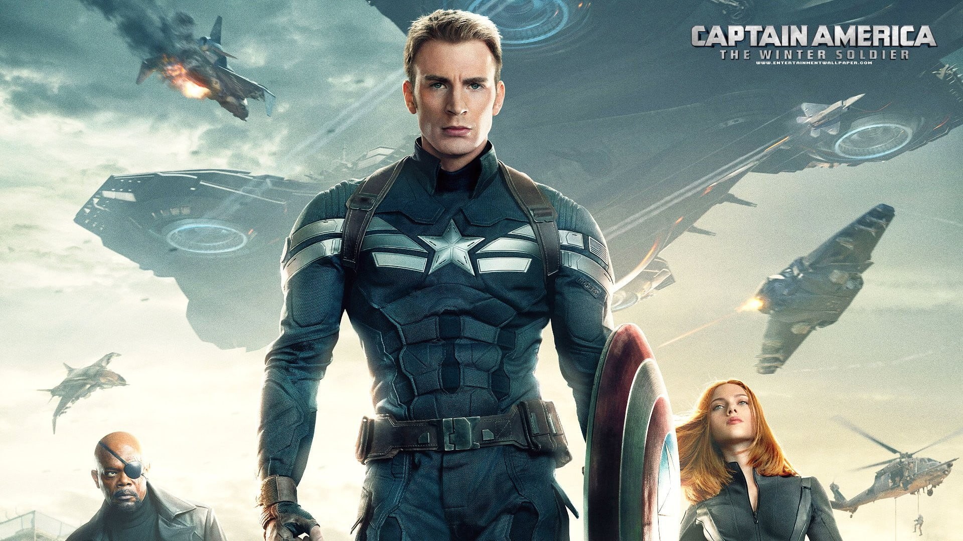 young adult, standing, waist up, Samuel L. Jackson, Chris Evans, captain, 1080P, america, Black Widow, young men, people, sky, men, Nick Fury, HD Wallpaper
