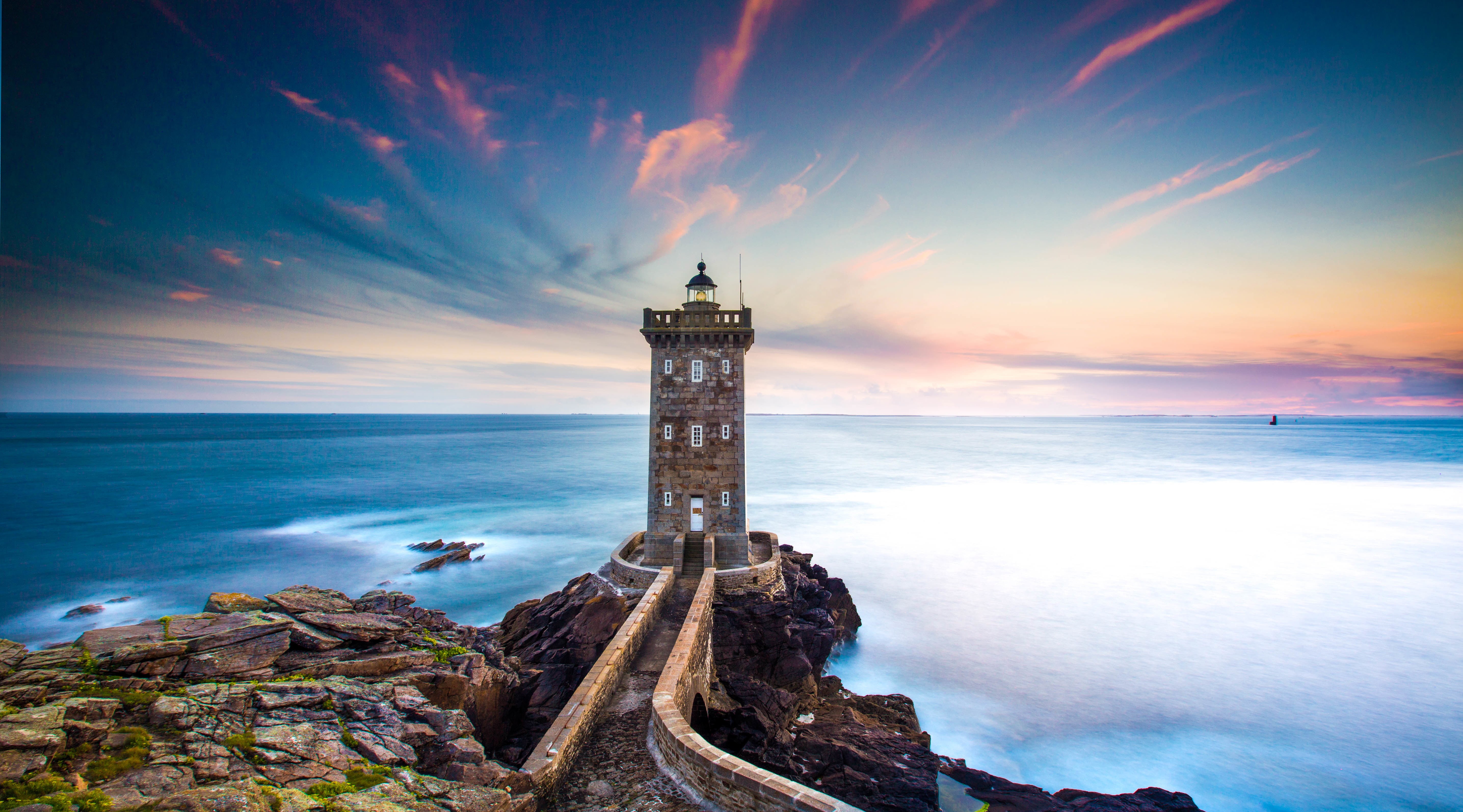 the sky, France, building, lighthouse, Finistère, building exterior, cloud - sky, no people, sea, white, tower, outdoors, beach, nature, Le Conquet, beauty in nature, HD Wallpaper