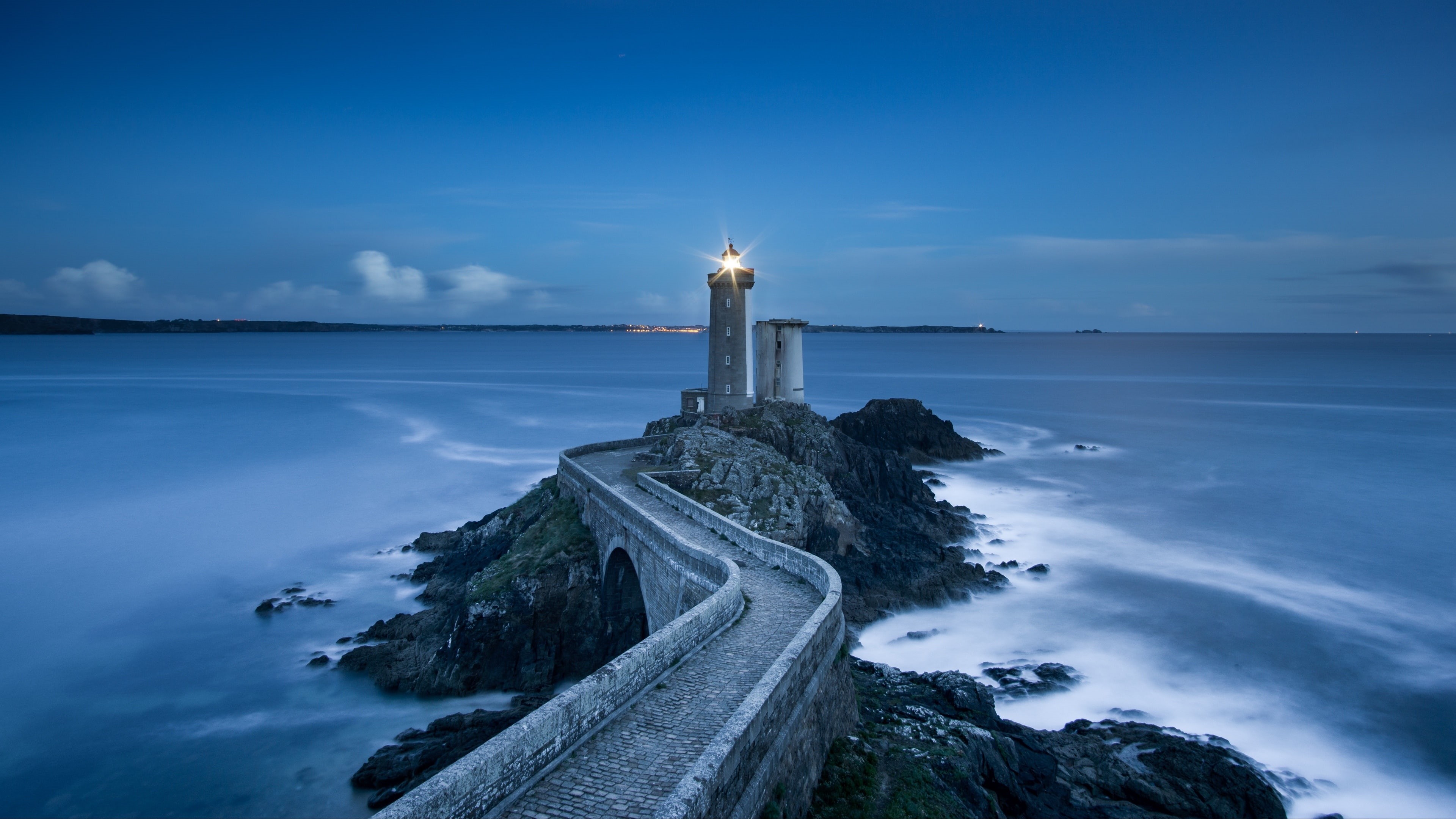 blue hour, lighthouse, europe, petit minou, calm, phare du petit minou, brest, coast, atlantic ocean, brittany, tower, 4K, blue, horizon, photography, HD Wallpaper