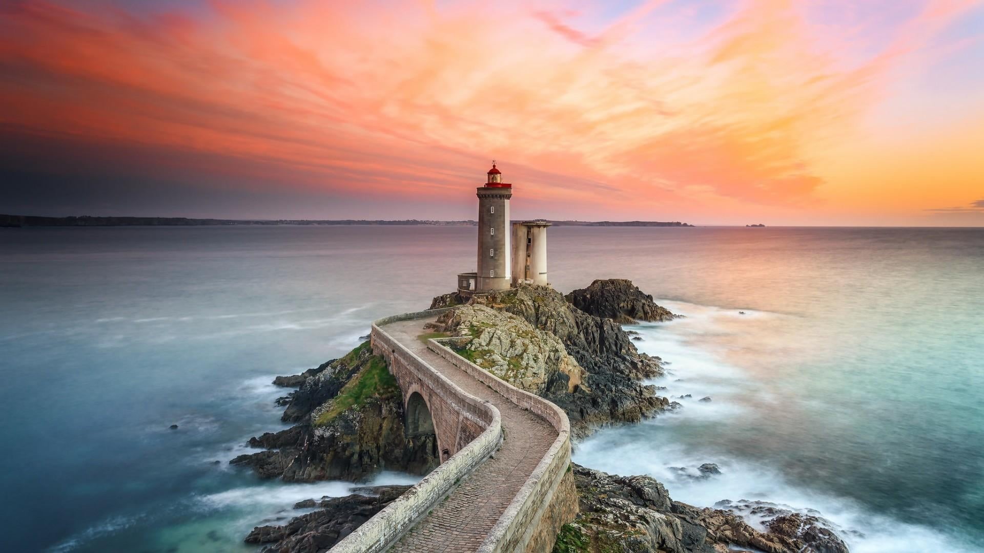 guidance, building exterior, sky, cloud - sky, built structure, headland, architecture, tower, water, land, lighthouse, sunset, lighthouse of petit minou, HD Wallpaper