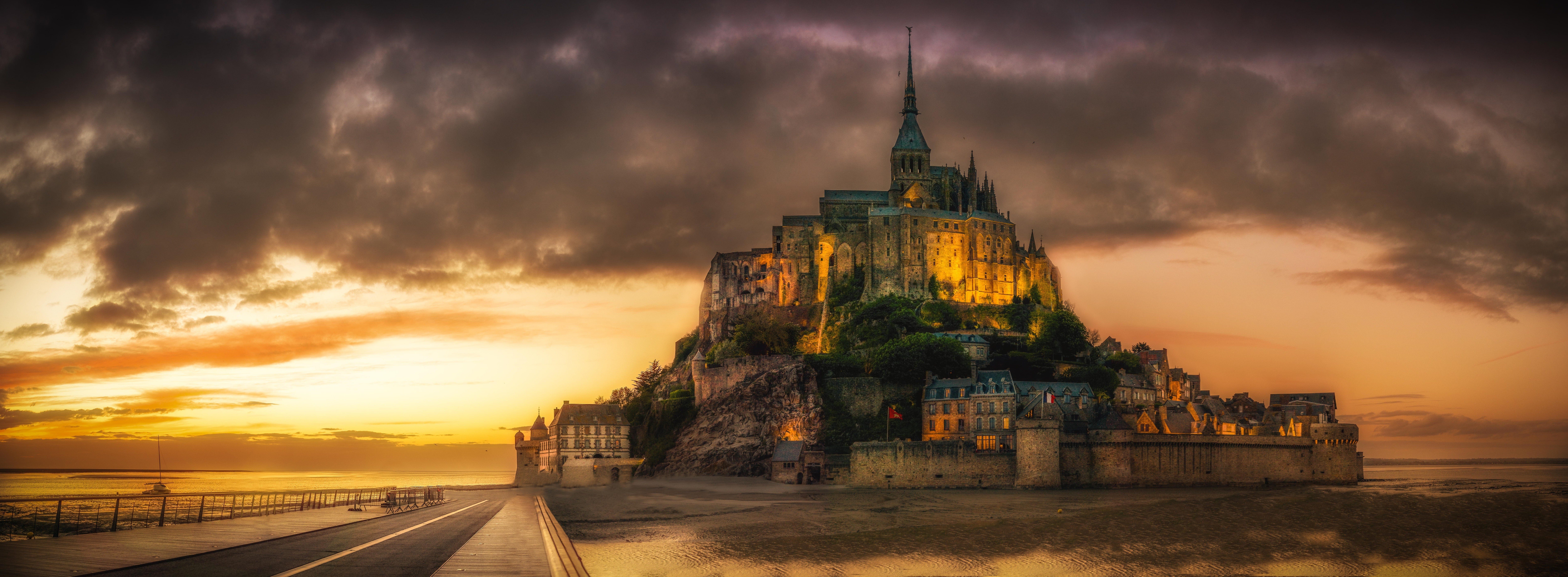 tower, outdoors, normandy, church, beside, bretagne, spire, nature, panorama, rock, travel, island, water, old, 8K, black, building exterior, dramatic sky, HD Wallpaper