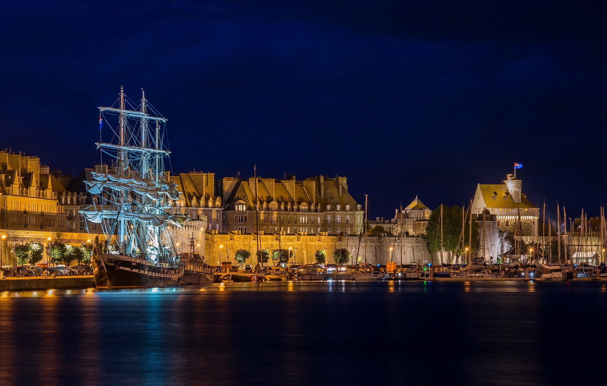 1080P, sailboat, boats, Saint-Malo, night, lights, Brittany, home, piers, Bay, yachts, France, ship, HD Wallpaper