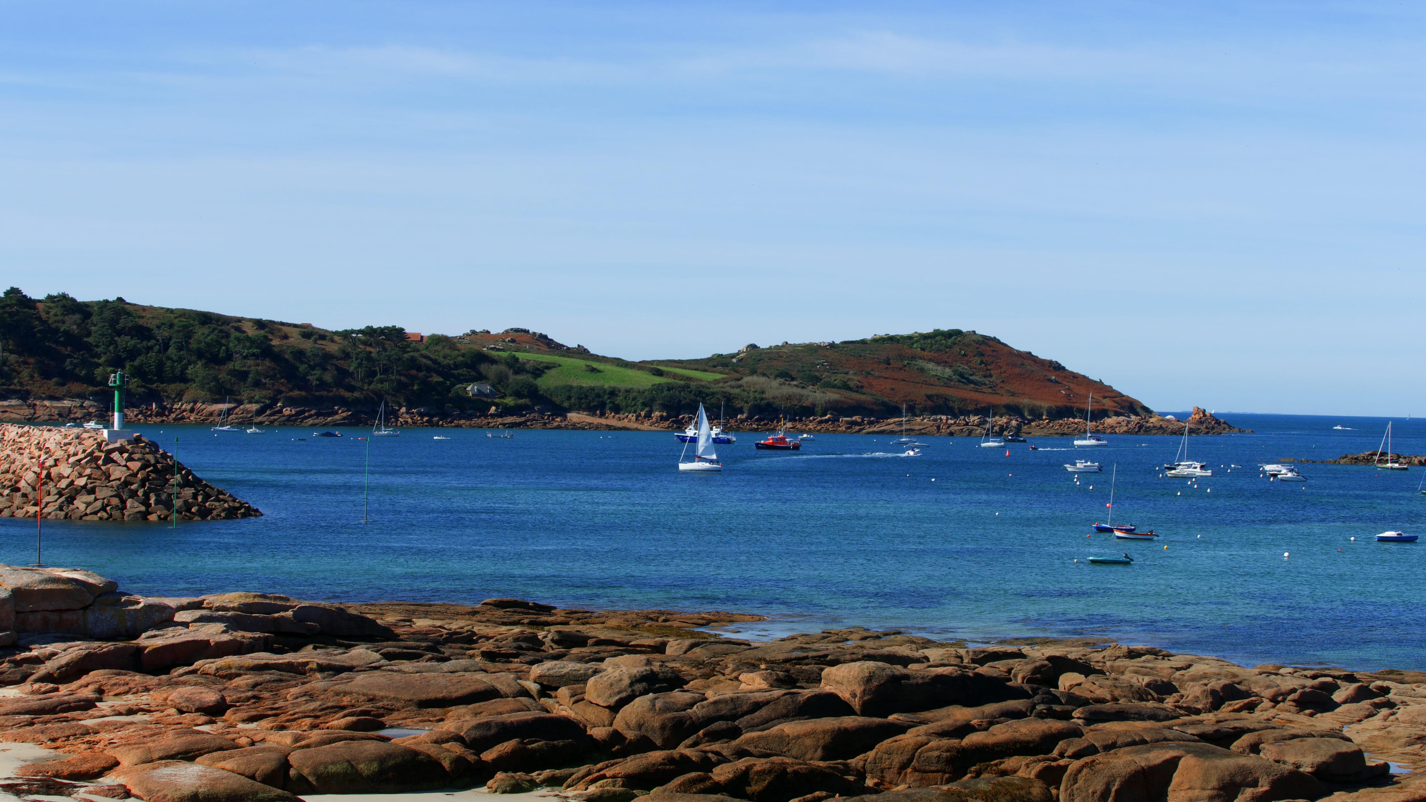 yacht, port, transportation, beach, rock, nautical vessel, tranquility, outdoors, solid, mountain, land, sea, trebeurden, 5K, france, water, mode of transportation, HD Wallpaper