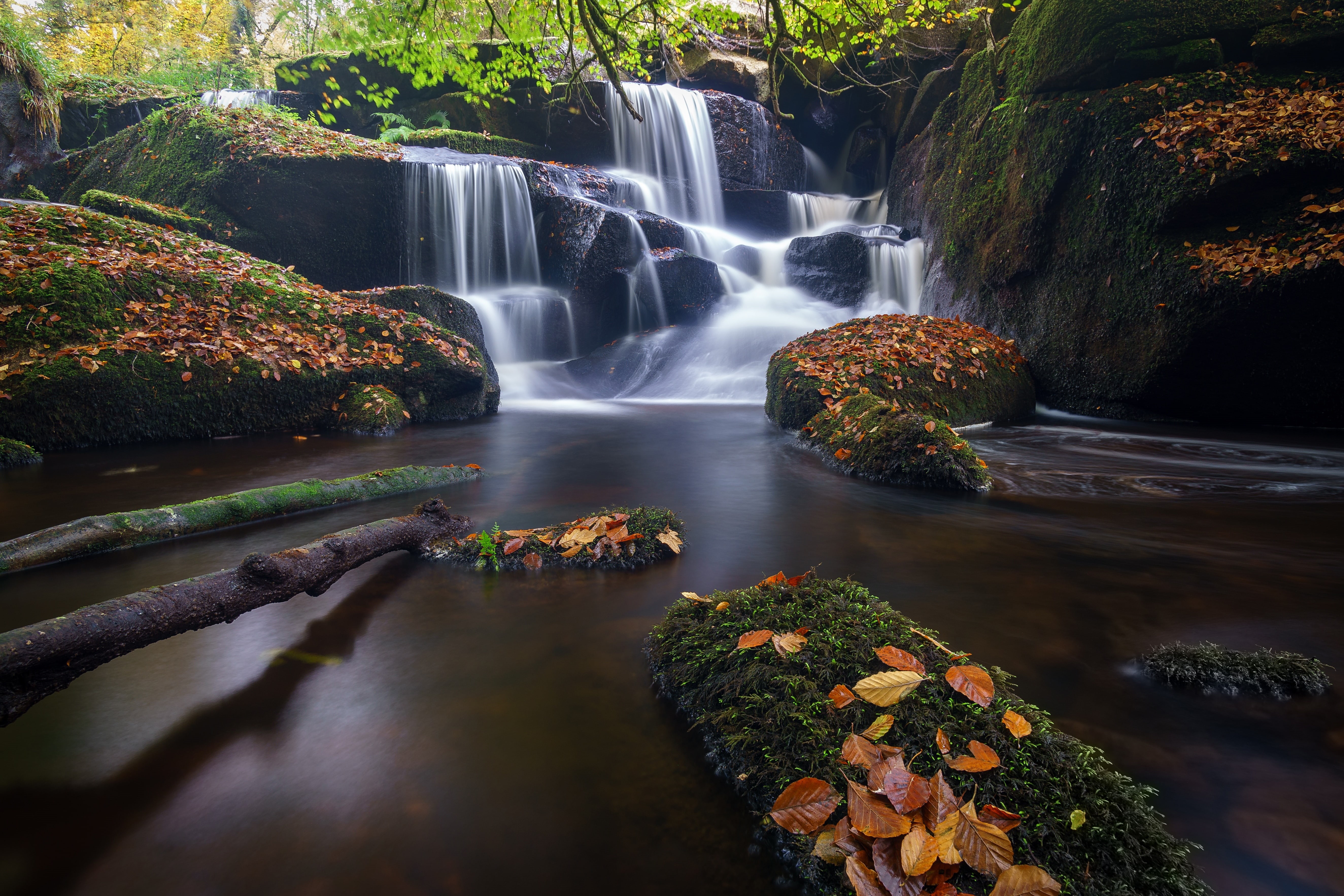 Brittany, France, Saint-Herbot, autumn, leaves, 5K, river, cascade, waterfall, stones, HD Wallpaper