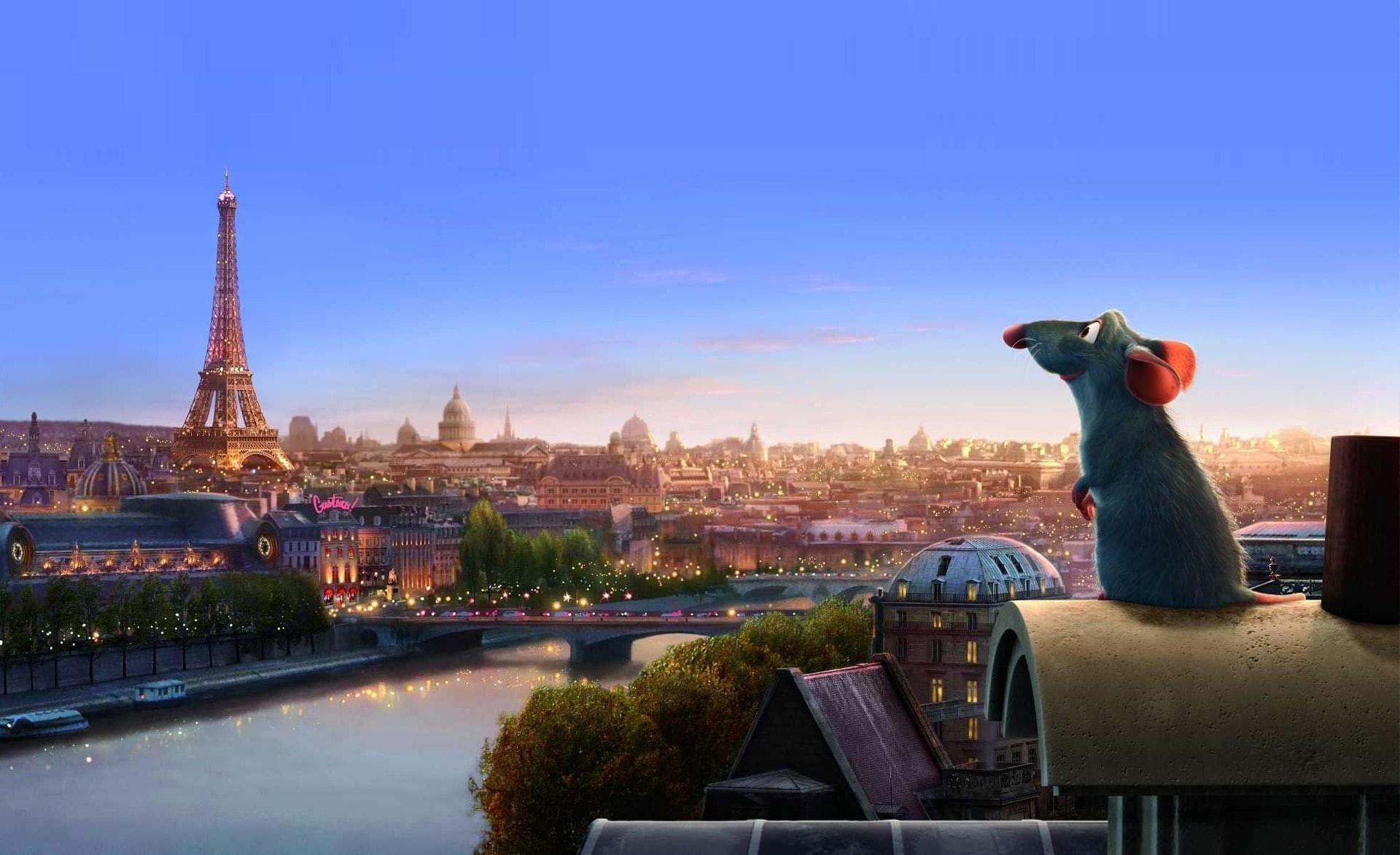 tower, river, eiffel, travel destinations, building, animal representation, Ratatouille, Remy, Cartoons, cityscape, nature, sky, water, tourism, outdoors, HD Wallpaper