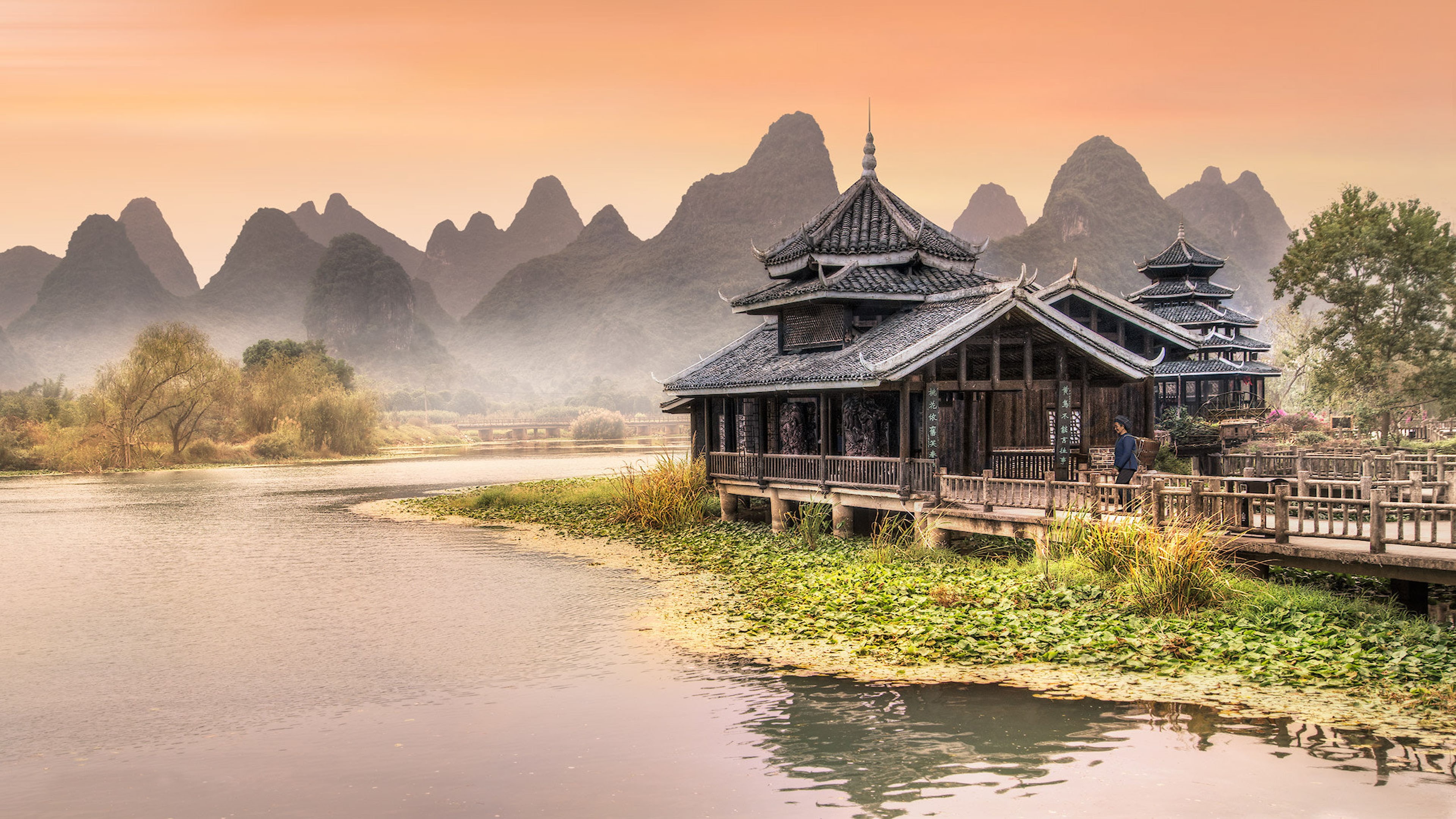 traditional, amusement, near, house, chinese, river, yangshuo, best, reconstruction, hd, desktop, 4K, park, tablets, HD Wallpaper