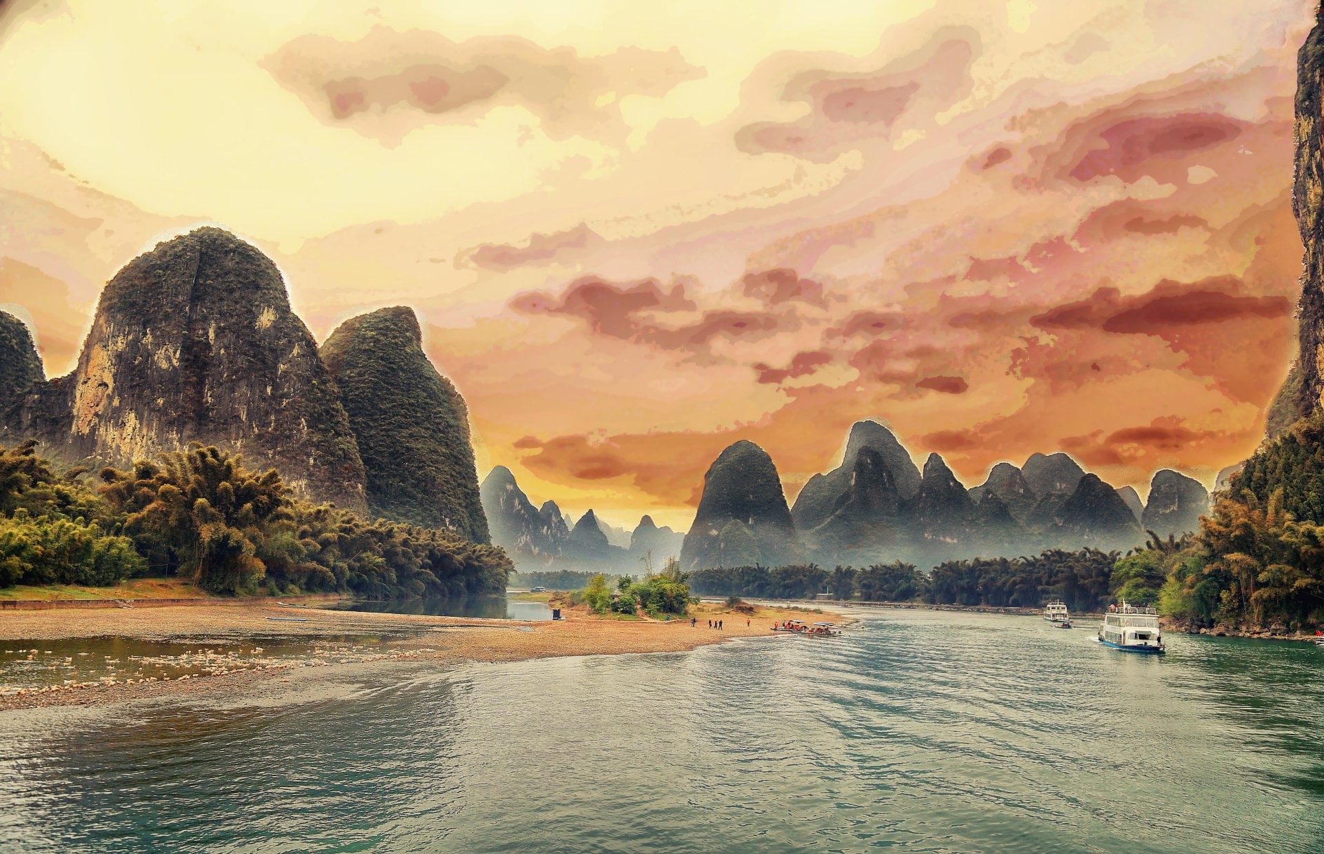 sunset, sky, scenics - nature, idyllic, rock - object, tranquility, tree, nature, waterfront, non-urban scene, Mountain, plant, Landscape, River, 1080P, HD Wallpaper