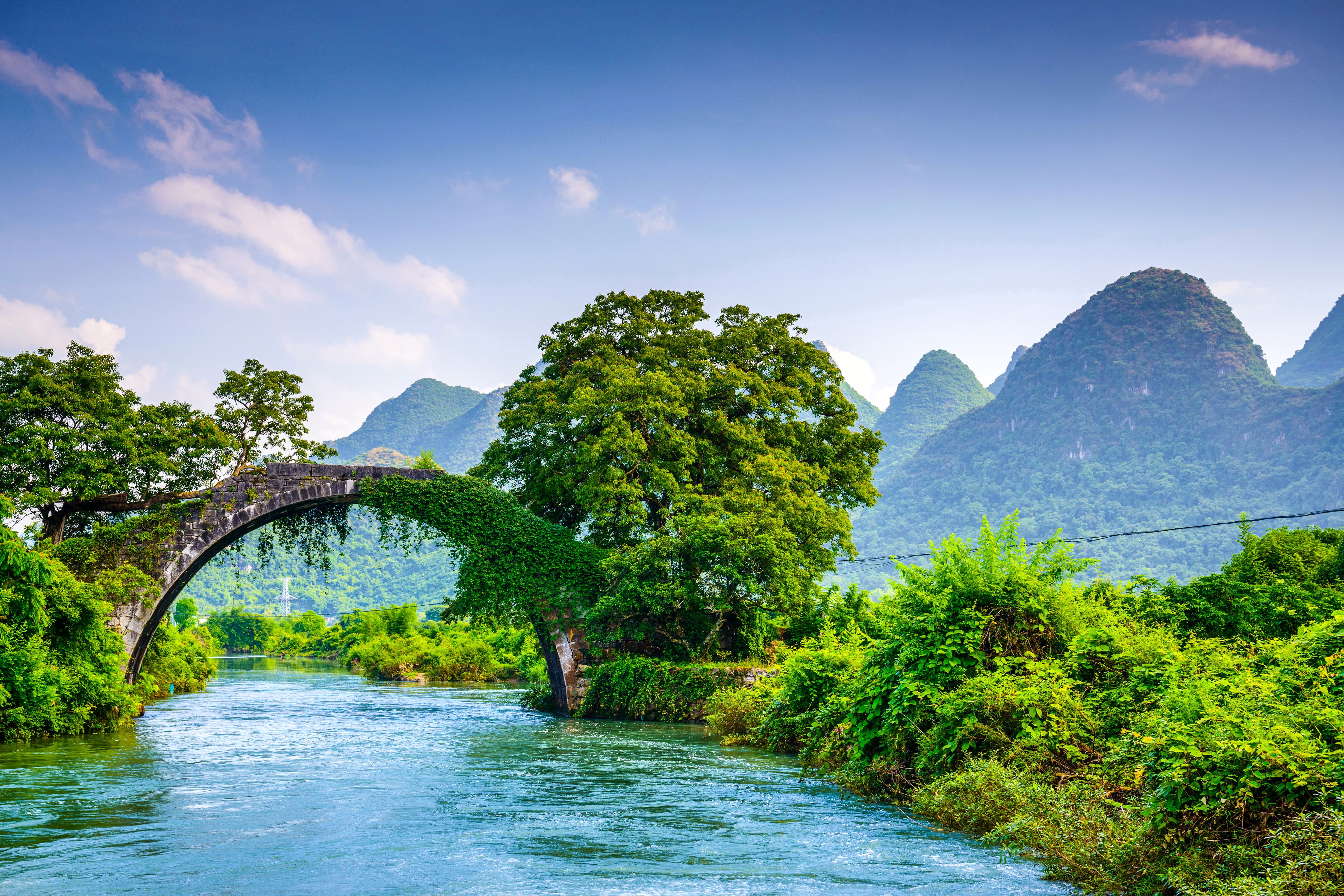 flowing water, bridge, bridge - man made structure, gray, water, non-urban scene, day, cloud - sky, tree, growth, tranquil scene, China, the bushes, waterfront, HD Wallpaper