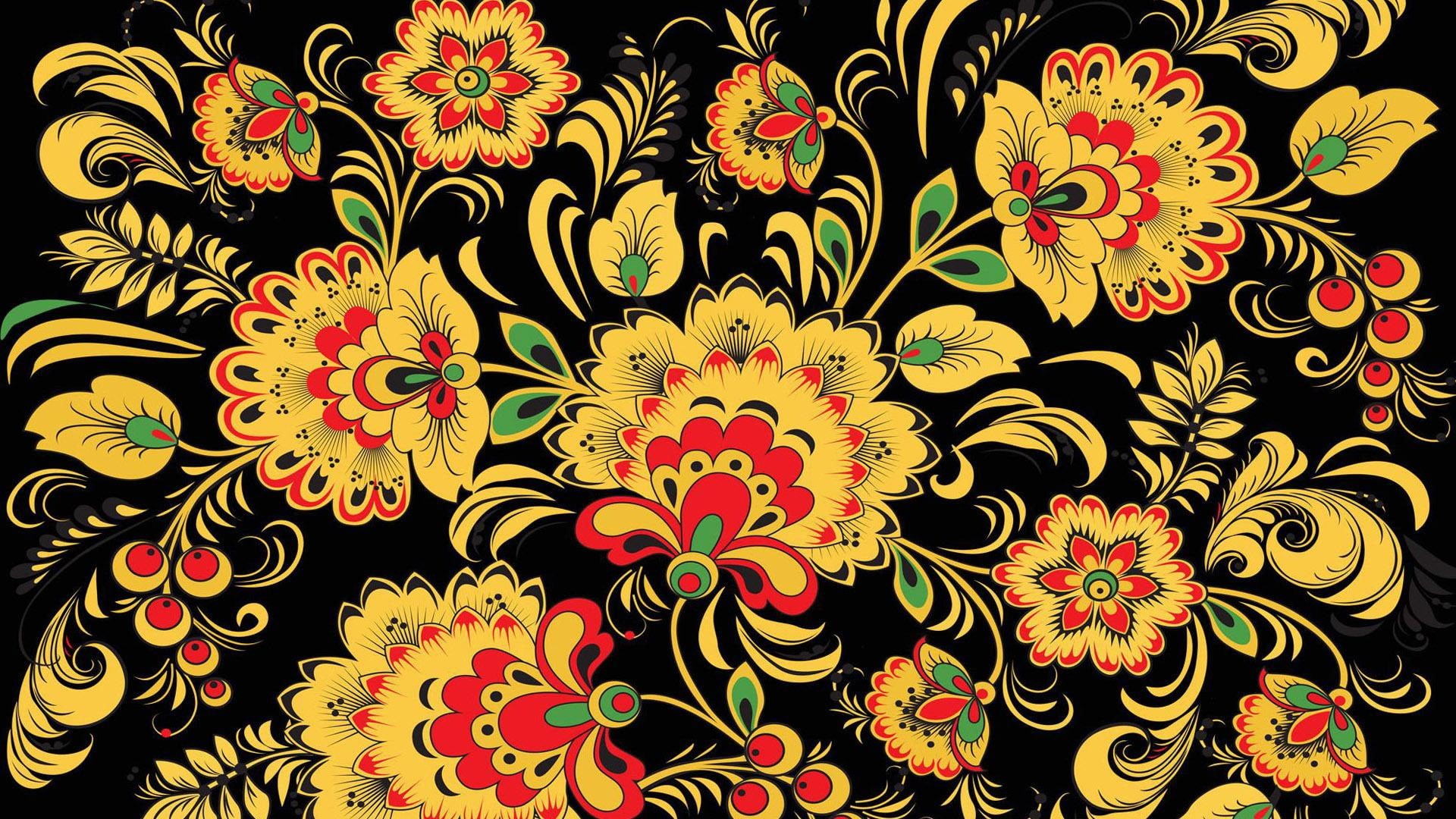 painting, white, yellow, abstract, khokhloma, black, 1920x1080, 1080P, floral, art, pattern, HD Wallpaper