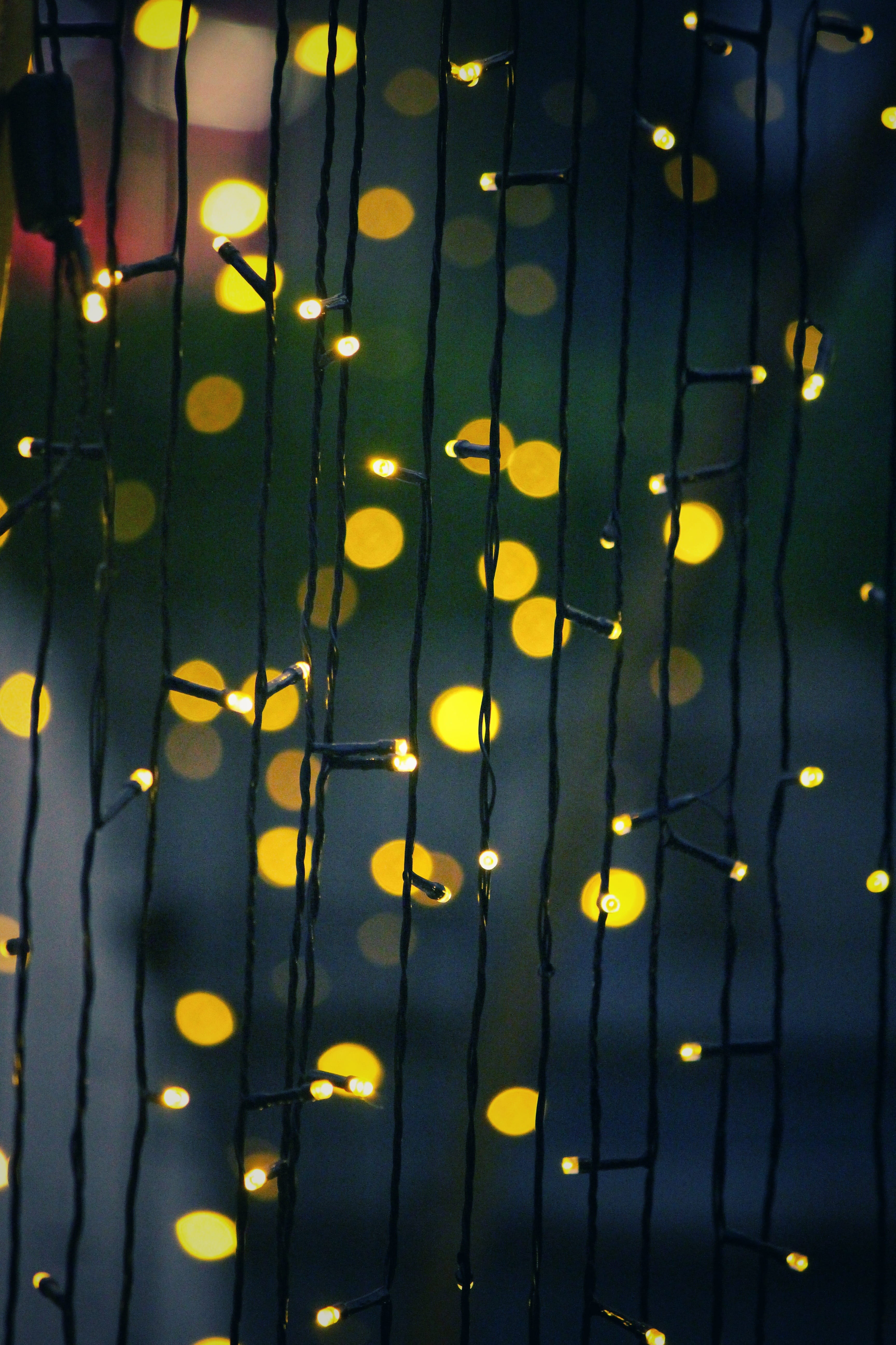 outdoors, hanging, modern, line, blur, close-up, bokeh, no people, 5K, green color, yellow, lighting equipment, light, color, bright, shining, decoration, Phone HD Wallpaper