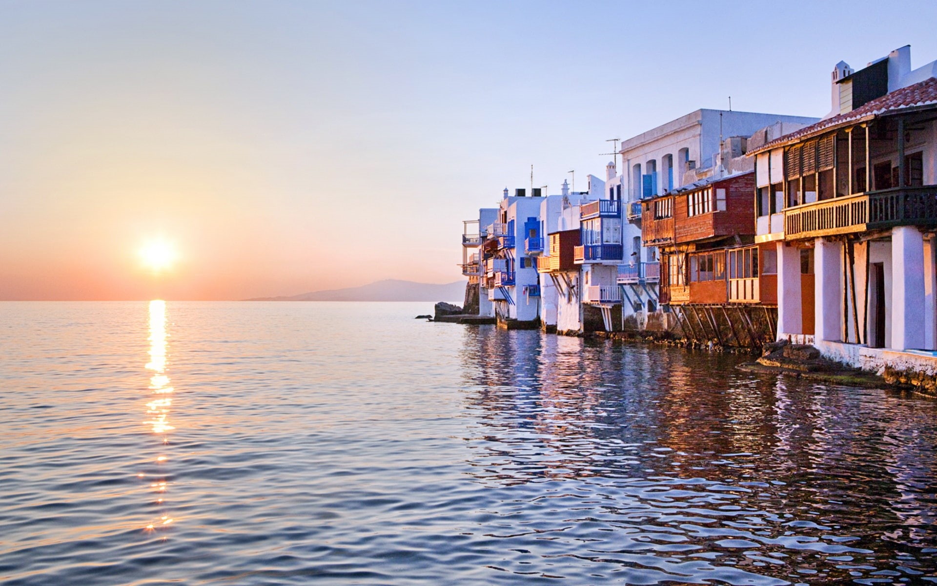 1080P, Sea, reflected, Venice, Little, Sunset, House, Greece, Mykonos, HD Wallpaper